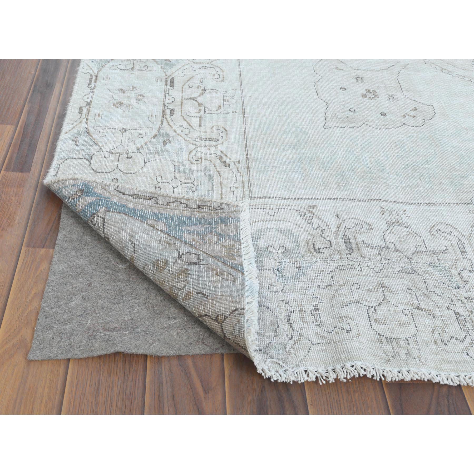 8'8"x12' Cropped Thin, Hand Knotted, Ivory, Vintage Persian Kerman, Distressed Look, Worn Wool, Oriental Rug Sh61734