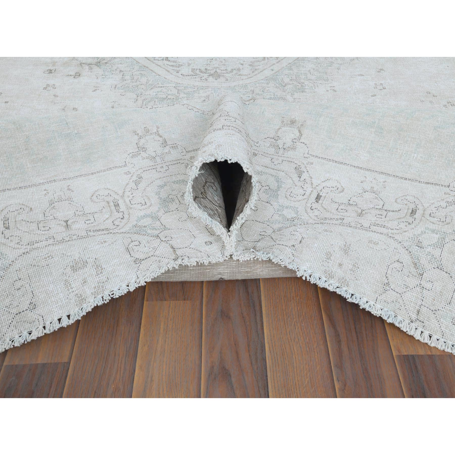 8'8"x12' Cropped Thin, Hand Knotted, Ivory, Vintage Persian Kerman, Distressed Look, Worn Wool, Oriental Rug Sh61734