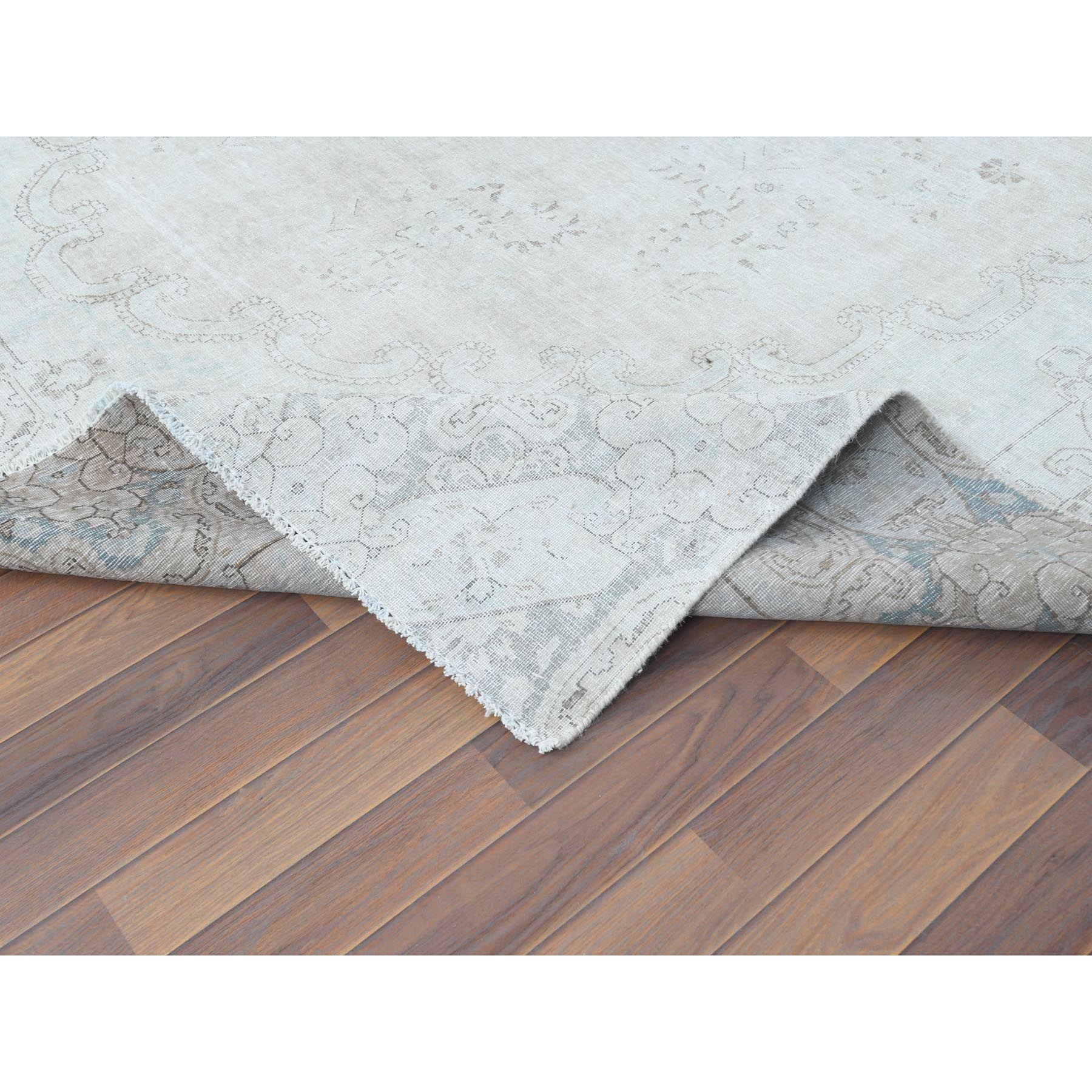 8'8"x12' Cropped Thin, Hand Knotted, Ivory, Vintage Persian Kerman, Distressed Look, Worn Wool, Oriental Rug Sh61734