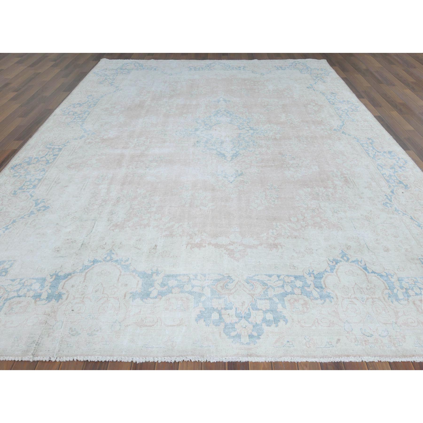 9'9"x13'3" Distressed Look, Worn Wool, Shaved Down, Hand Knotted, Soft Pink, Vintage Persian Kerman, Oriental Rug Sh61735