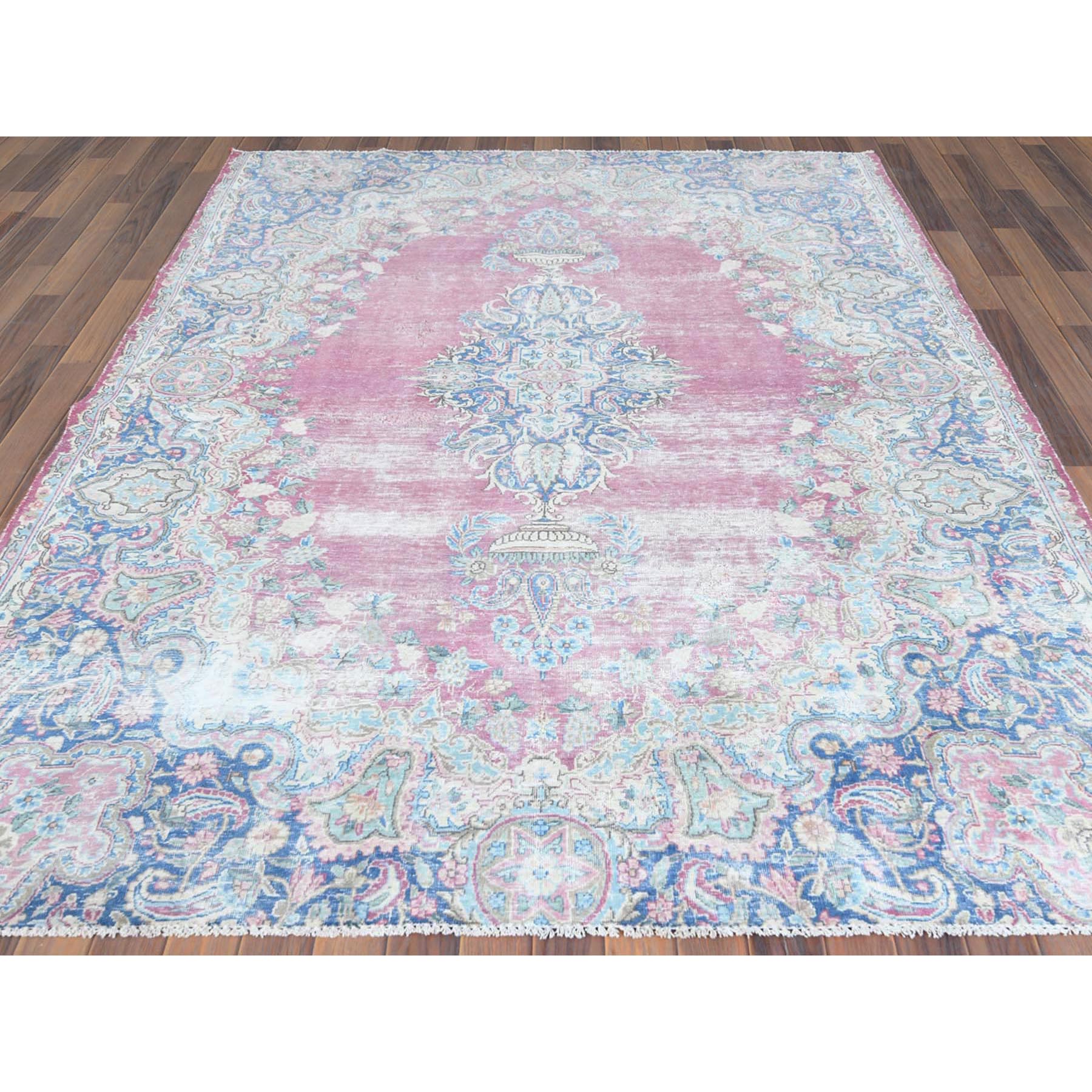 6'7"x8'7" Vintage Persian Kerman, Distressed Look, Worn Wool, Shaved Down, Hand Knotted, Pink, Oriental Rug Sh61744