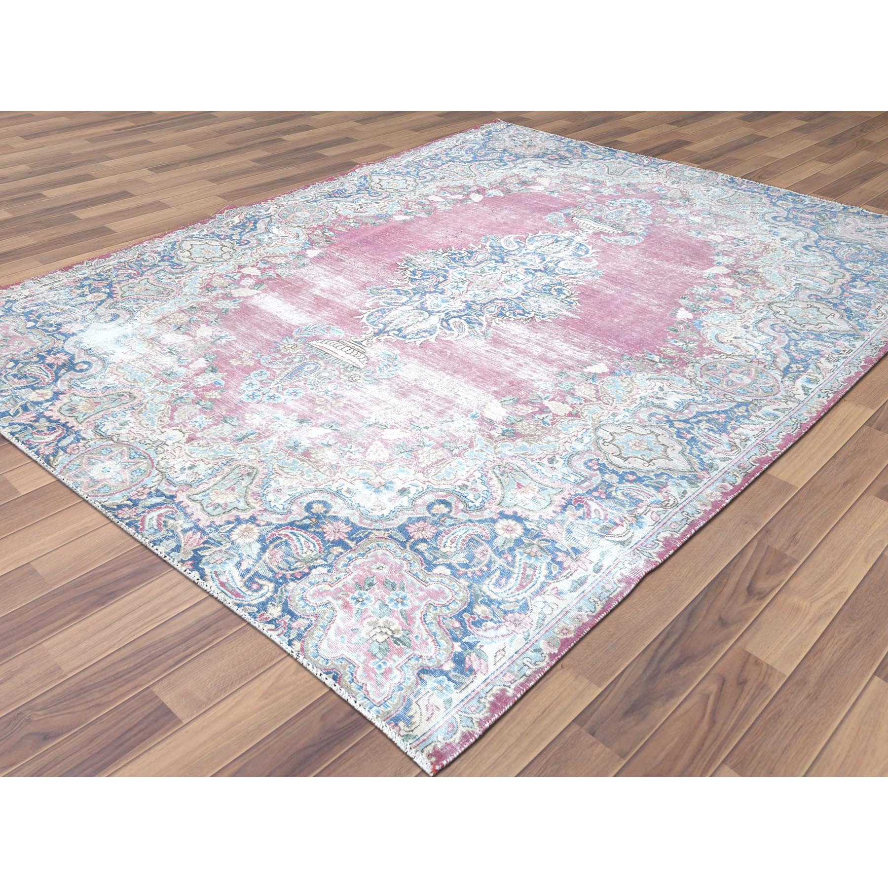 6'7"x8'7" Vintage Persian Kerman, Distressed Look, Worn Wool, Shaved Down, Hand Knotted, Pink, Oriental Rug Sh61744