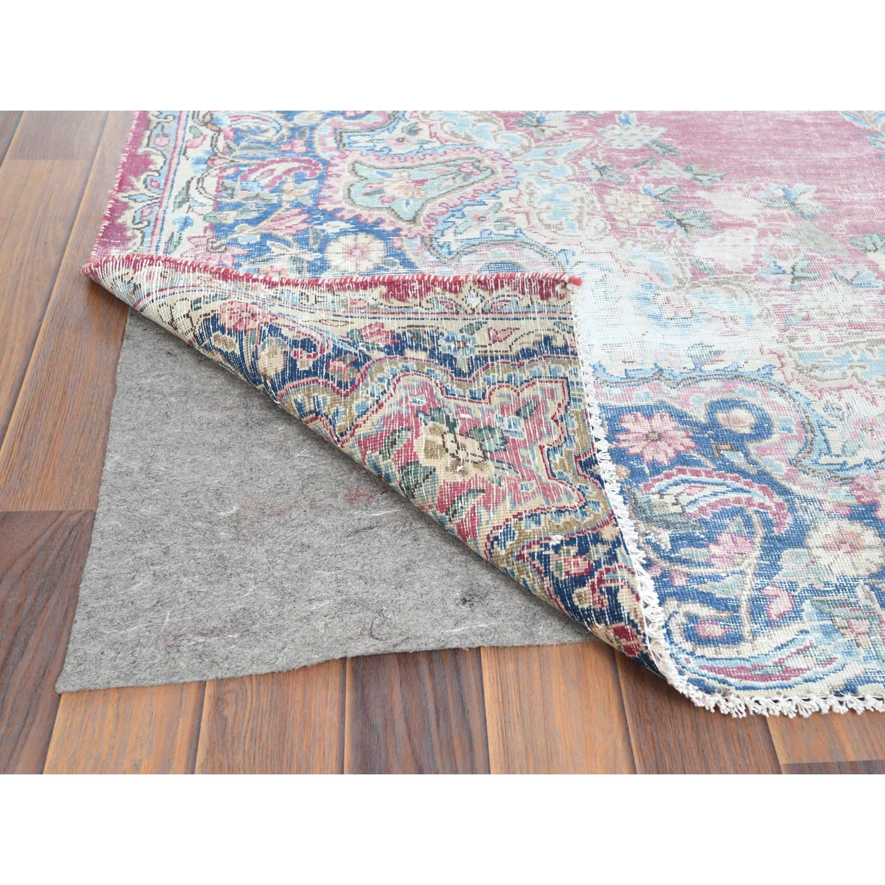 6'7"x8'7" Vintage Persian Kerman, Distressed Look, Worn Wool, Shaved Down, Hand Knotted, Pink, Oriental Rug Sh61744