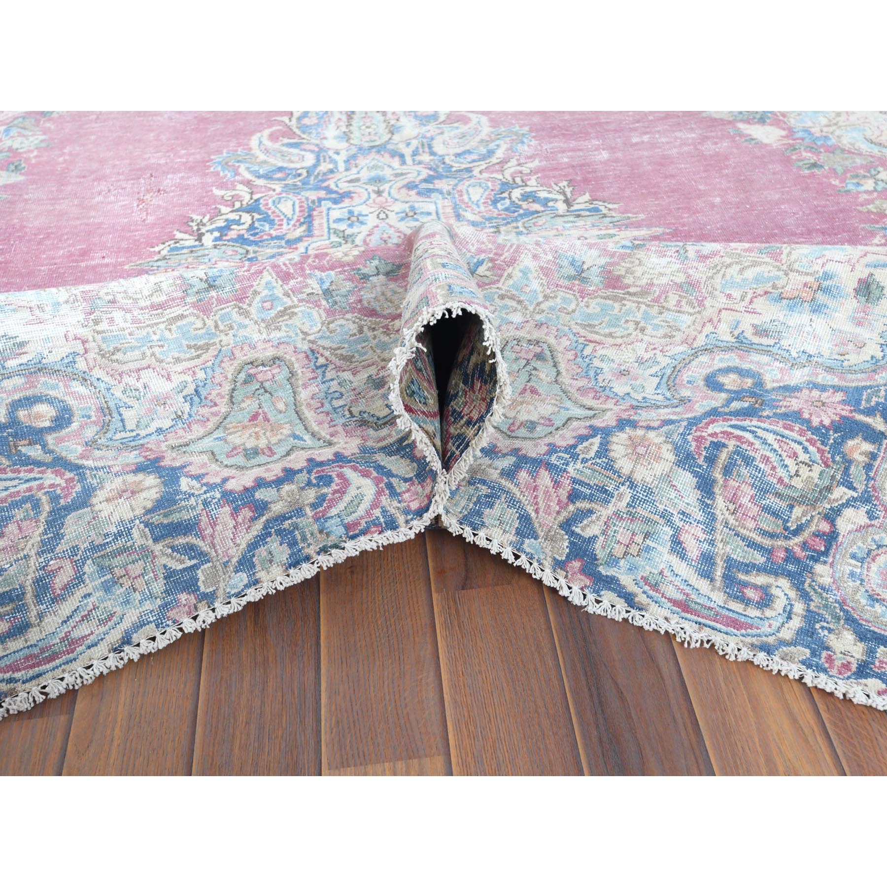 6'7"x8'7" Vintage Persian Kerman, Distressed Look, Worn Wool, Shaved Down, Hand Knotted, Pink, Oriental Rug Sh61744