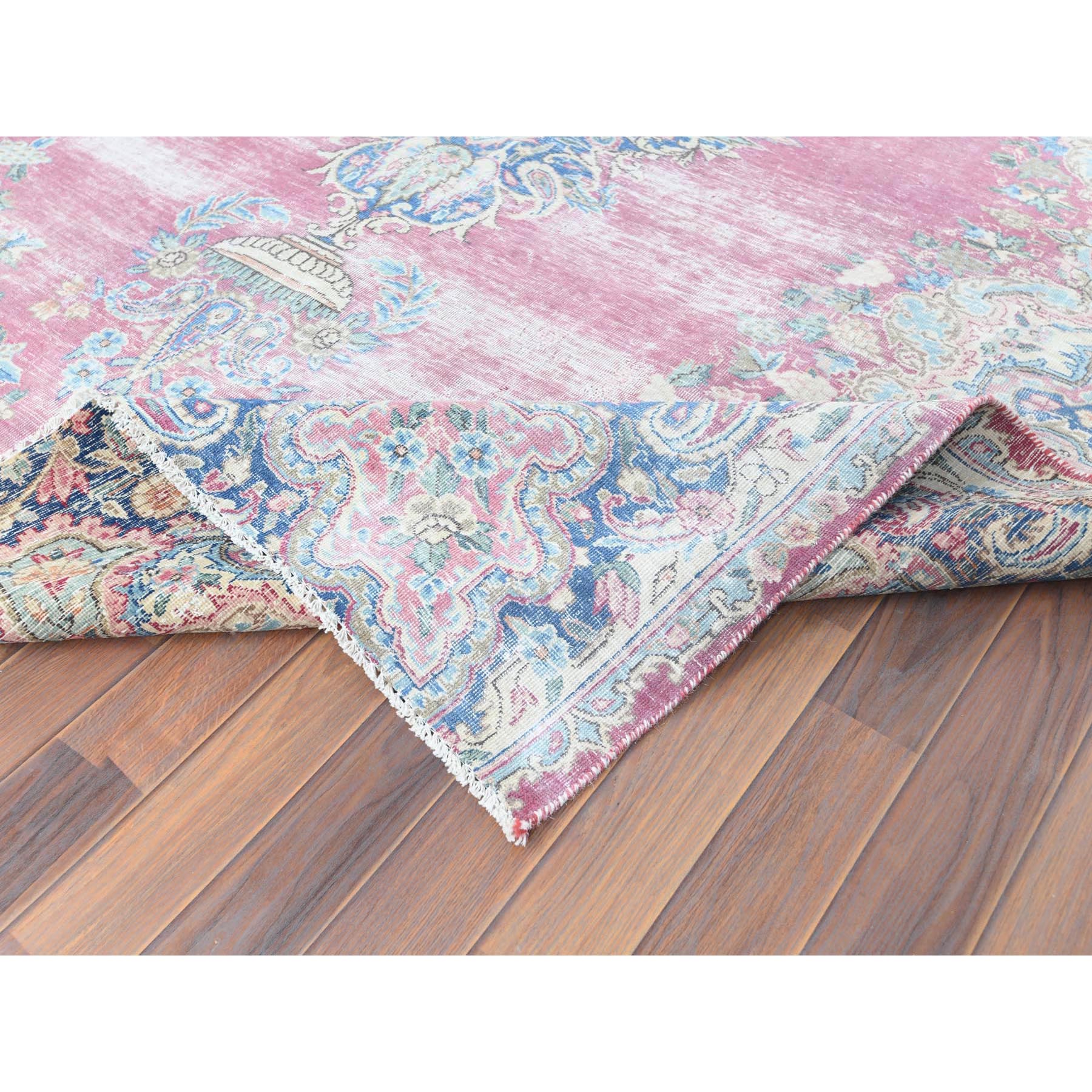 6'7"x8'7" Vintage Persian Kerman, Distressed Look, Worn Wool, Shaved Down, Hand Knotted, Pink, Oriental Rug Sh61744