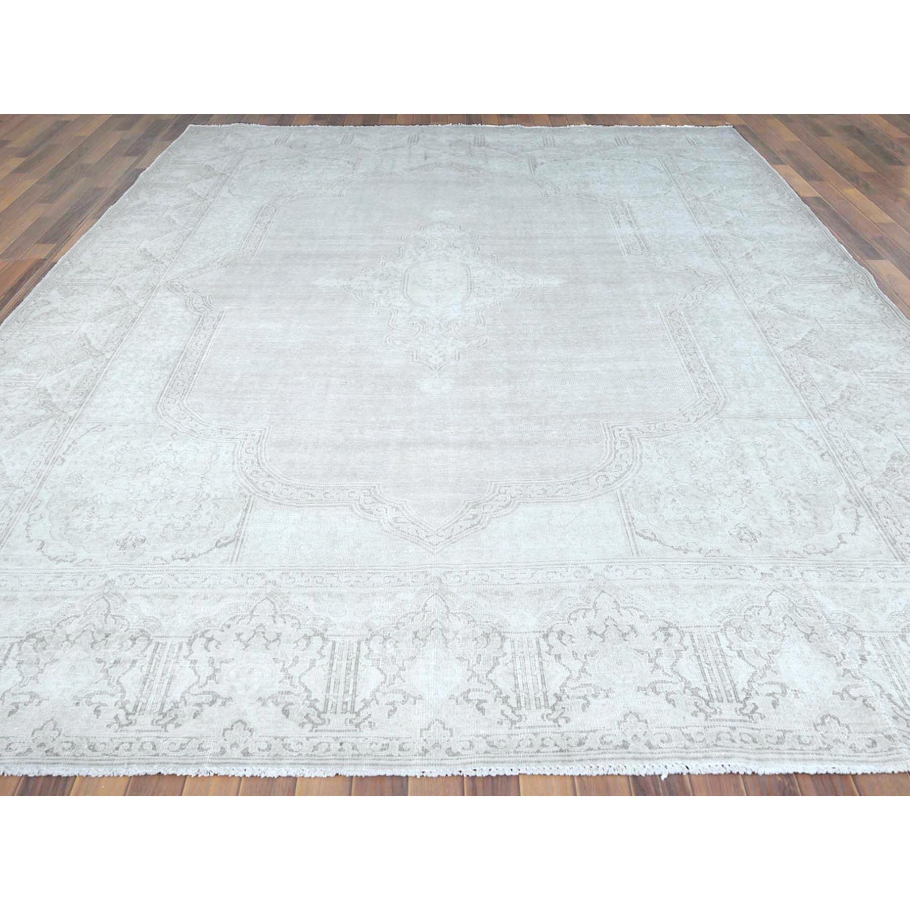 9'6"x12'5" Shaved Down, Hand Knotted, Ivory, Vintage Persian Kerman, Distressed Look, Worn Wool, Oriental Rug Sh61793