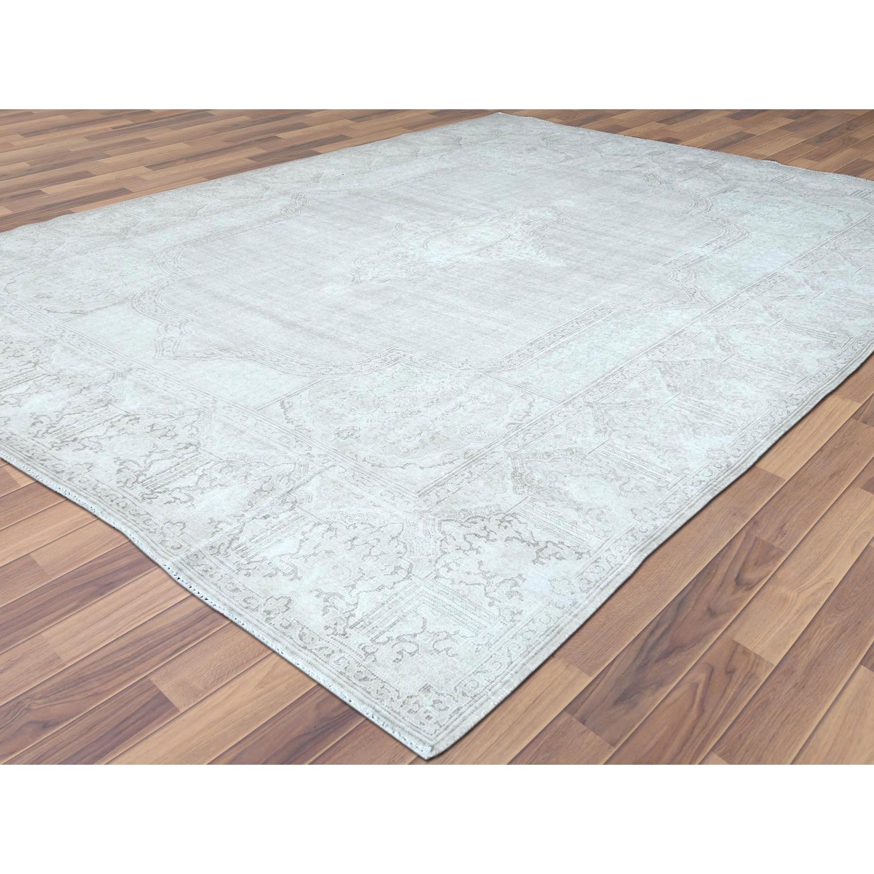 9'6"x12'5" Shaved Down, Hand Knotted, Ivory, Vintage Persian Kerman, Distressed Look, Worn Wool, Oriental Rug Sh61793