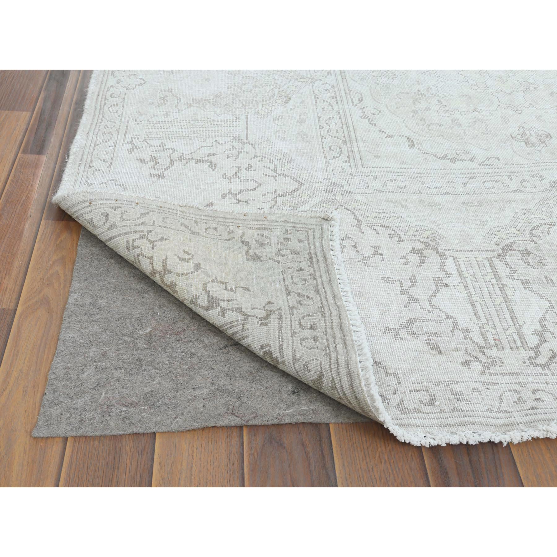 9'6"x12'5" Shaved Down, Hand Knotted, Ivory, Vintage Persian Kerman, Distressed Look, Worn Wool, Oriental Rug Sh61793