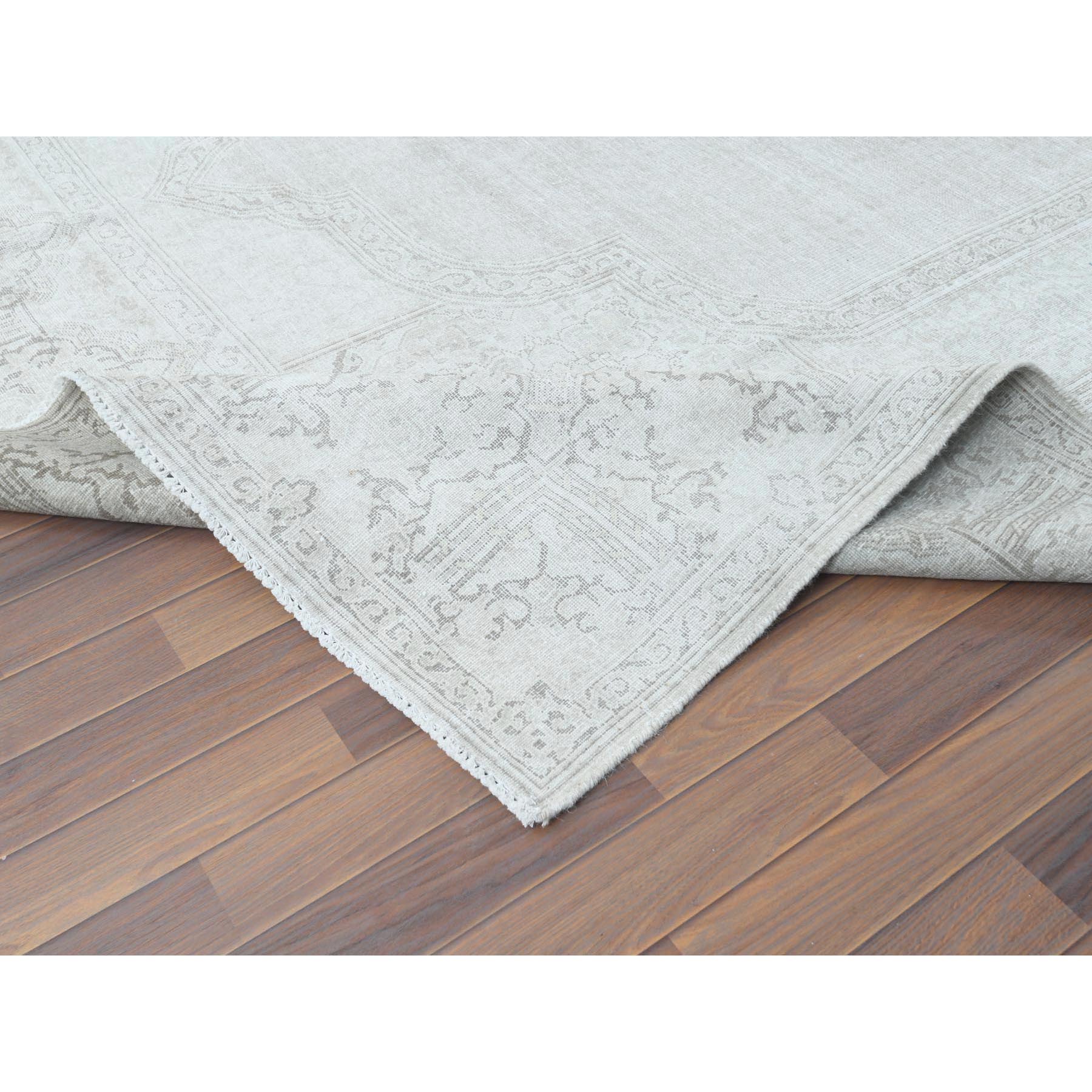 9'6"x12'5" Shaved Down, Hand Knotted, Ivory, Vintage Persian Kerman, Distressed Look, Worn Wool, Oriental Rug Sh61793