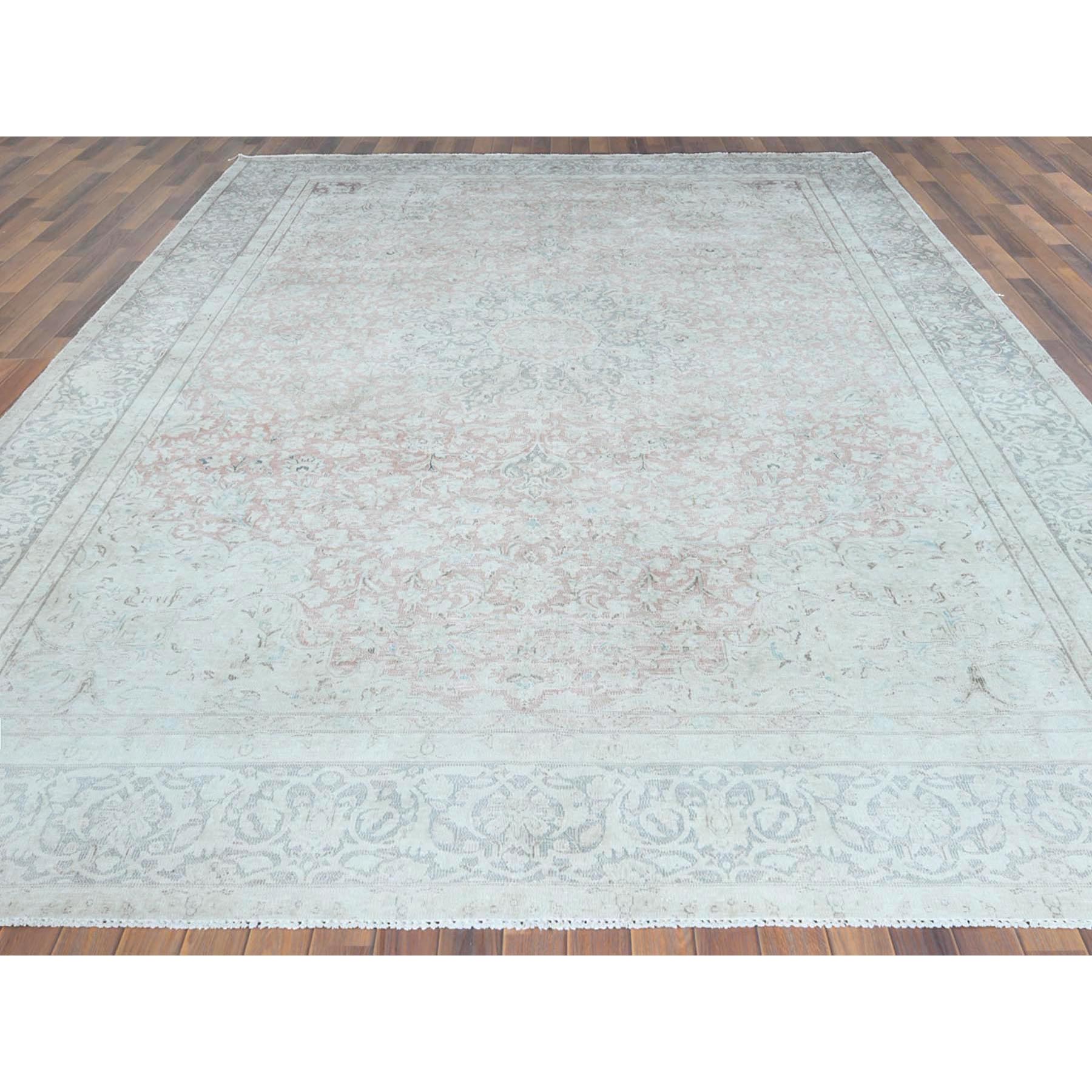 9'8"x12'10" Worn Wool, Sheared Low, Hand Knotted, Ivory, Vintage Persian Kerman, Distressed Look, Oriental Rug Sh61795