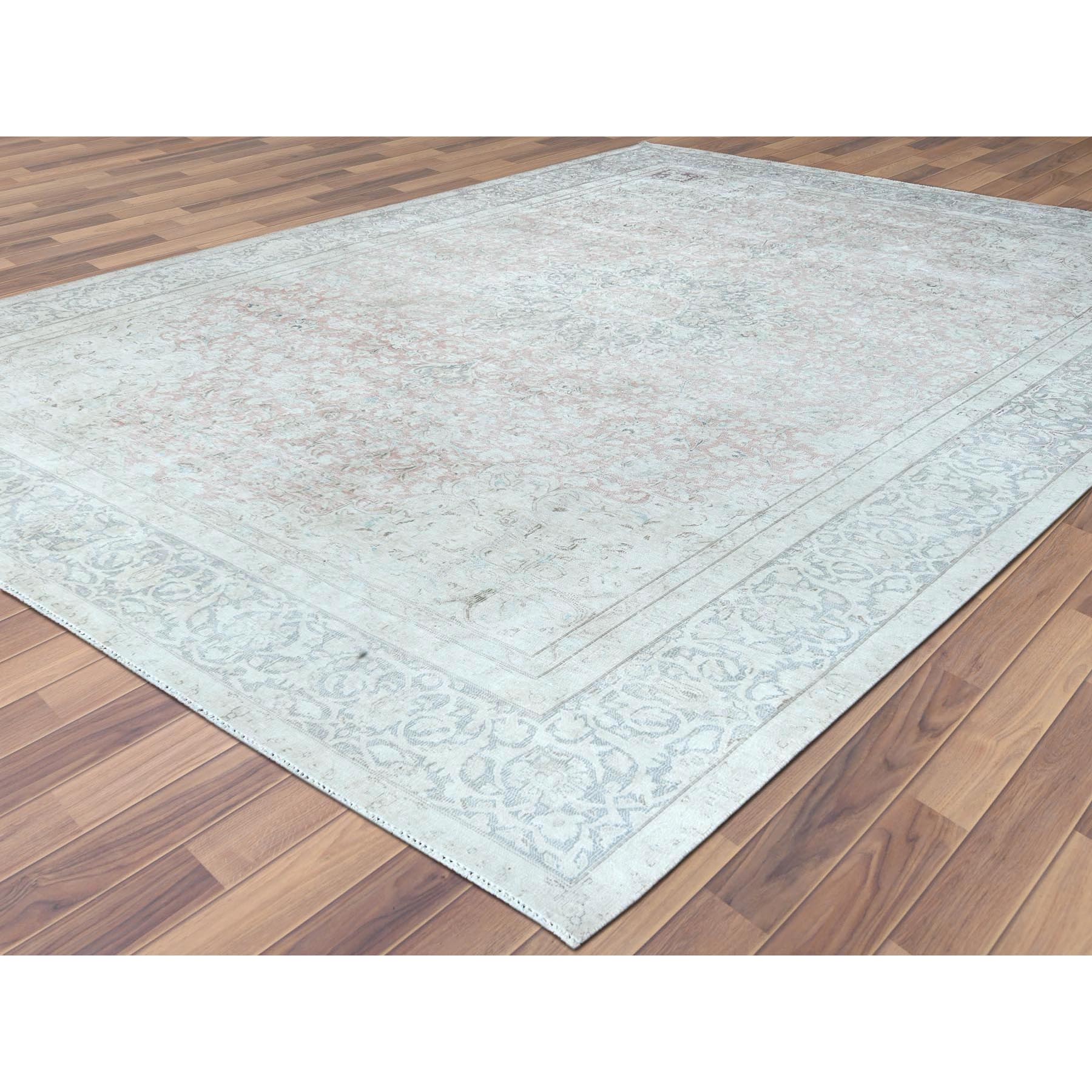 9'8"x12'10" Worn Wool, Sheared Low, Hand Knotted, Ivory, Vintage Persian Kerman, Distressed Look, Oriental Rug Sh61795