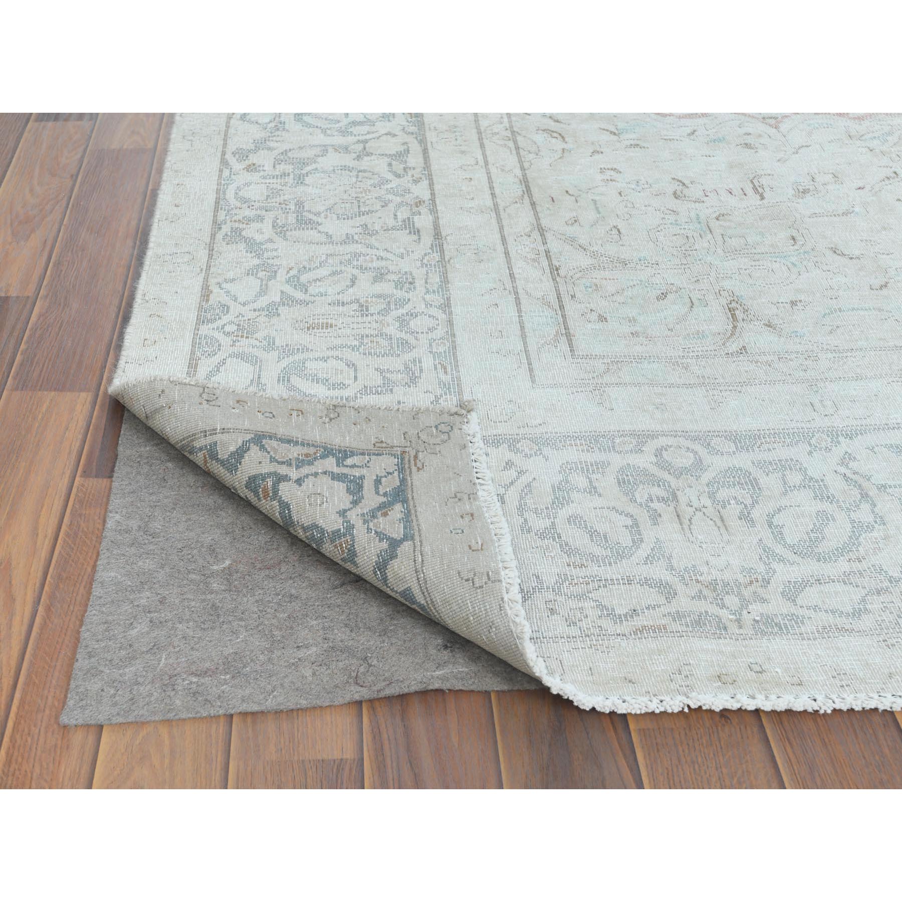 9'8"x12'10" Worn Wool, Sheared Low, Hand Knotted, Ivory, Vintage Persian Kerman, Distressed Look, Oriental Rug Sh61795