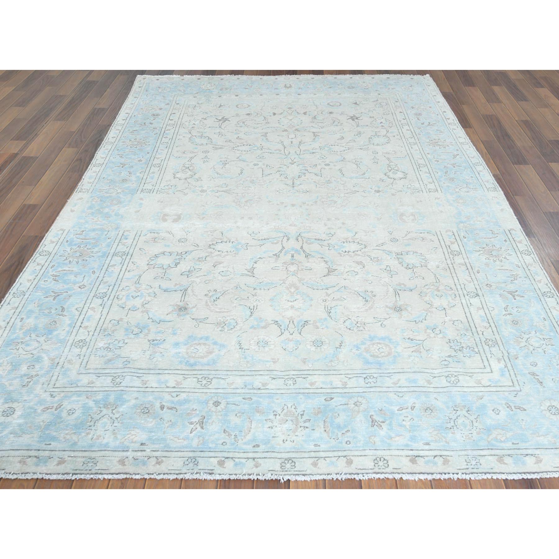 6'6"x9'7" Hand Knotted, Ivory, Vintage Persian Kerman, Distressed Look, Worn Wool, Shaved Down, Oriental Rug Sh61799