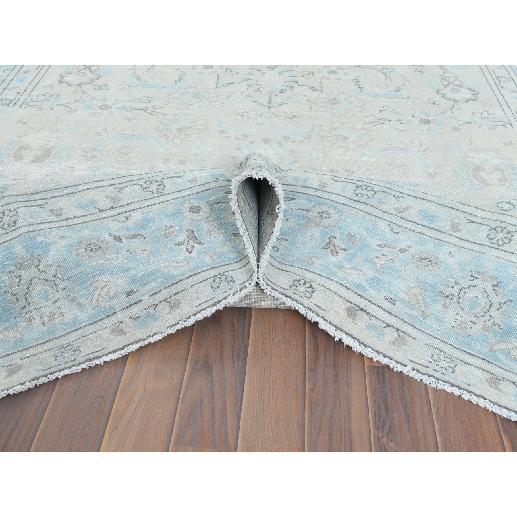 6'6"x9'7" Hand Knotted, Ivory, Vintage Persian Kerman, Distressed Look, Worn Wool, Shaved Down, Oriental Rug Sh61799