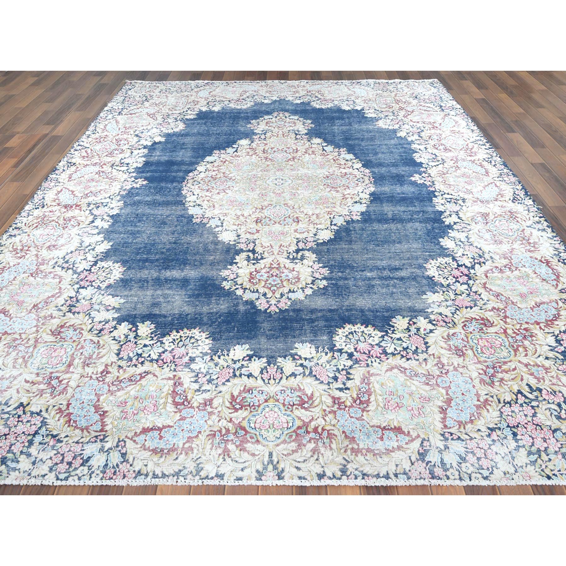 8'6"x11'2" Distressed Look, Worn Wool, Sheared Low, Hand Knotted, Denim Blue, Vintage Persian Kerman, Oriental Rug Sh61801