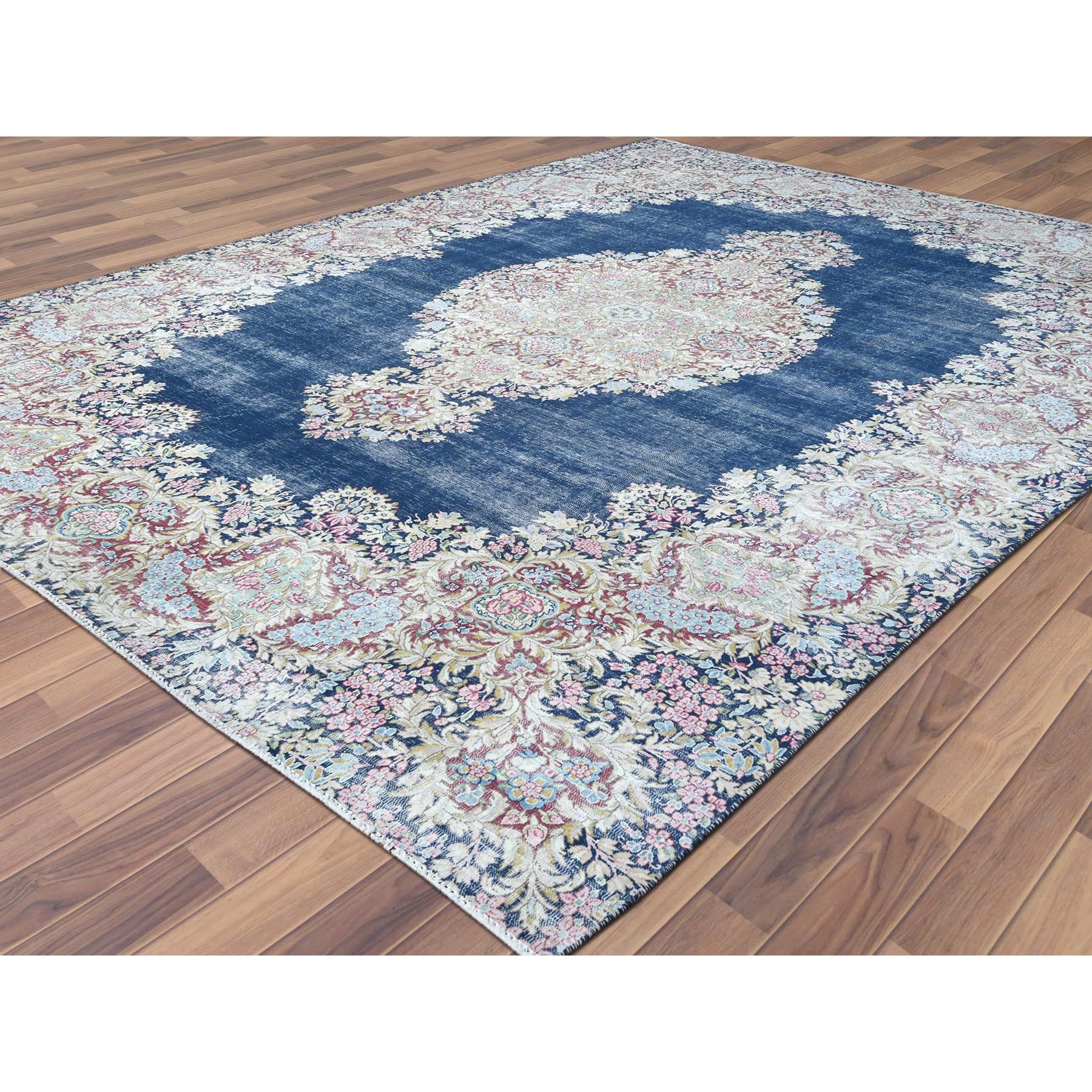 8'6"x11'2" Distressed Look, Worn Wool, Sheared Low, Hand Knotted, Denim Blue, Vintage Persian Kerman, Oriental Rug Sh61801