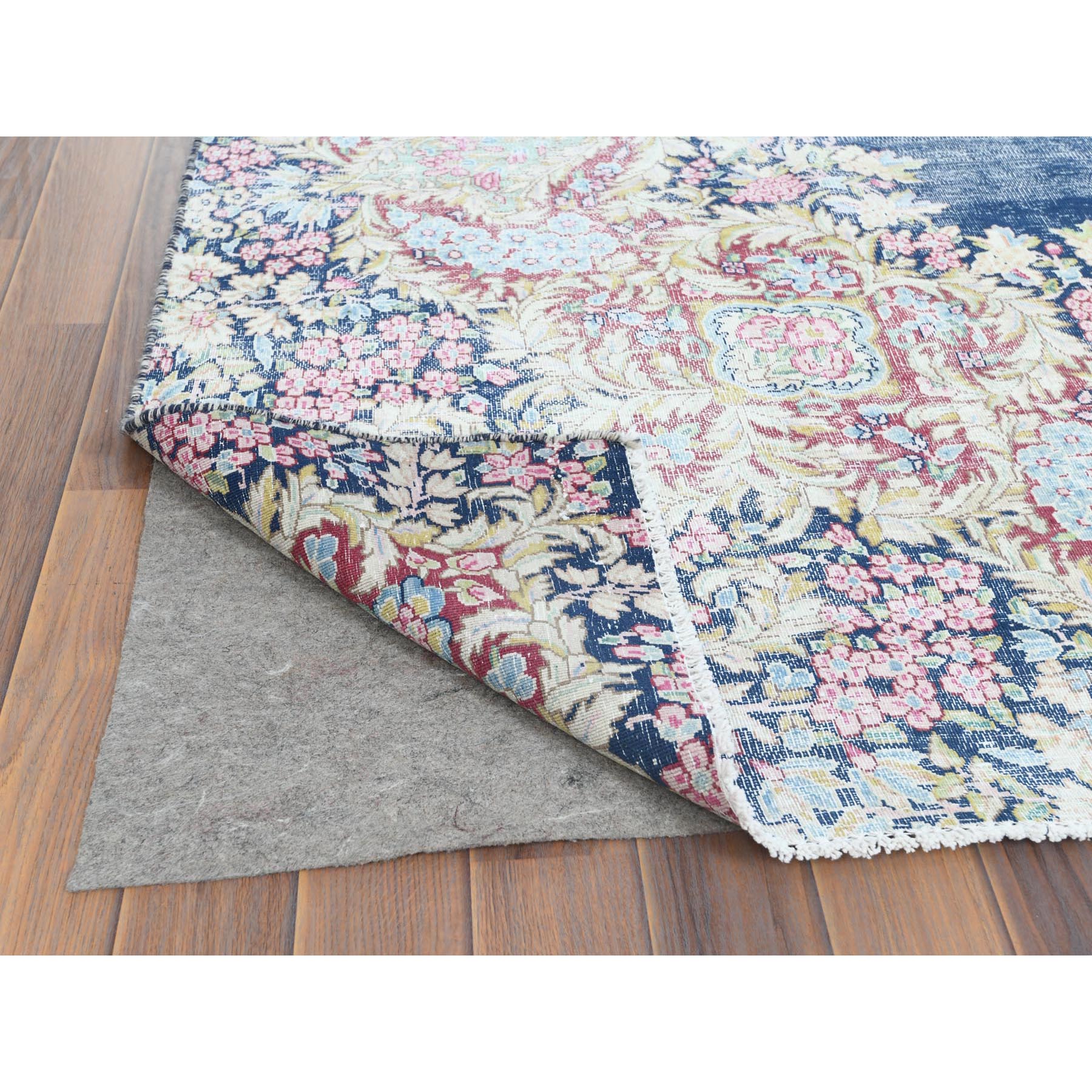 8'6"x11'2" Distressed Look, Worn Wool, Sheared Low, Hand Knotted, Denim Blue, Vintage Persian Kerman, Oriental Rug Sh61801