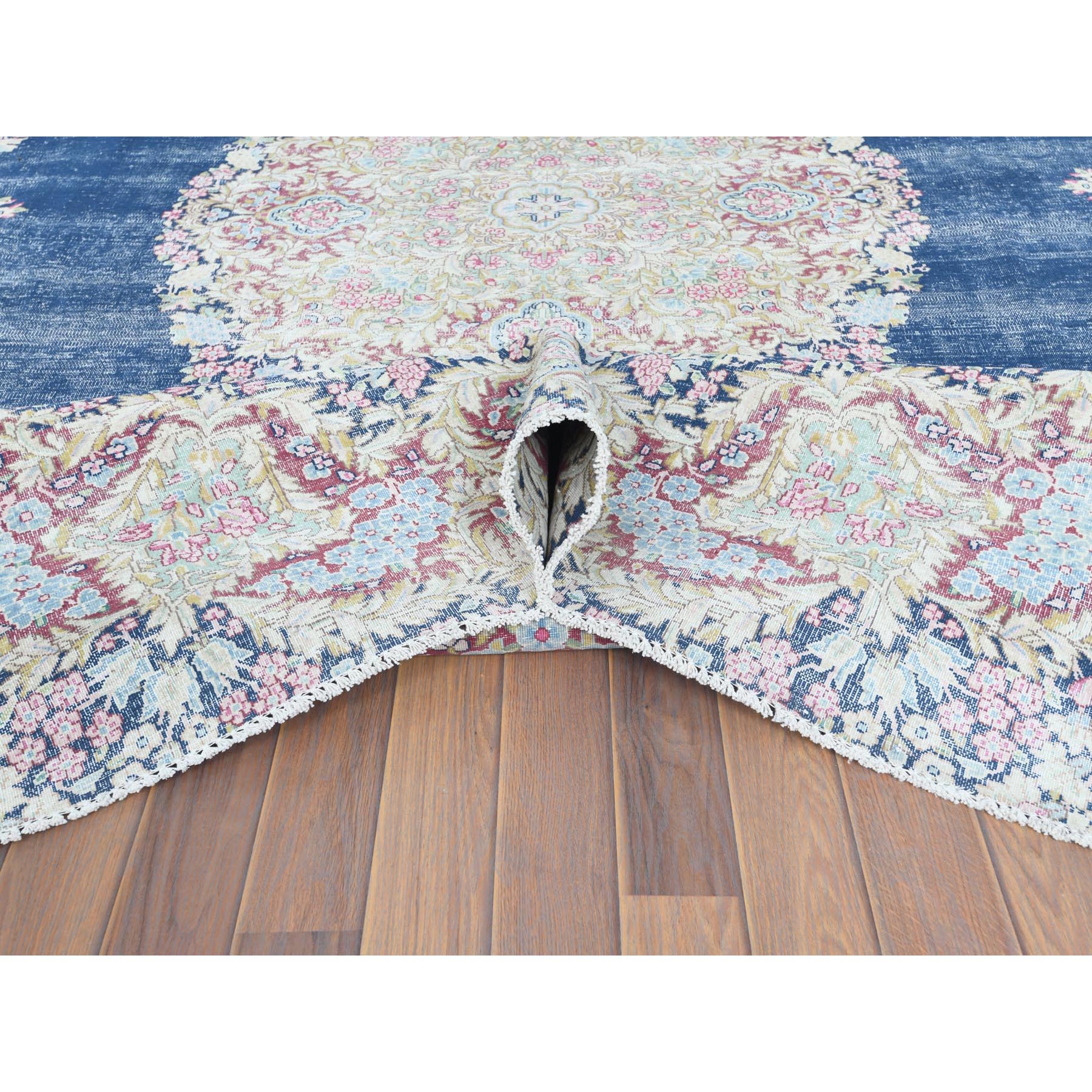 8'6"x11'2" Distressed Look, Worn Wool, Sheared Low, Hand Knotted, Denim Blue, Vintage Persian Kerman, Oriental Rug Sh61801