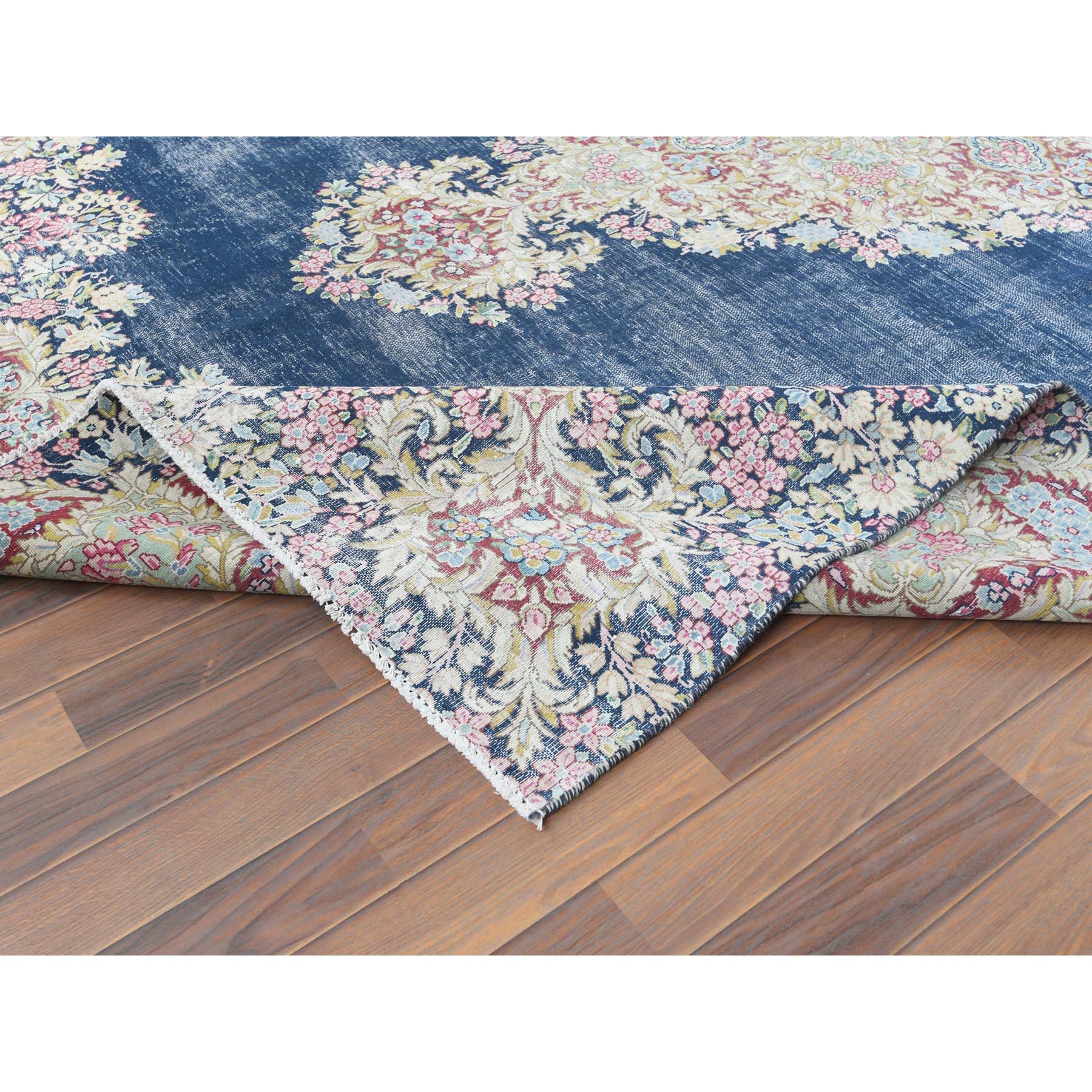 8'6"x11'2" Distressed Look, Worn Wool, Sheared Low, Hand Knotted, Denim Blue, Vintage Persian Kerman, Oriental Rug Sh61801