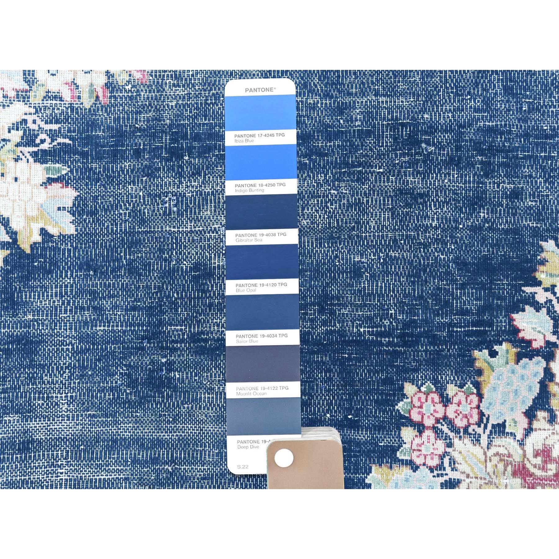 8'6"x11'2" Distressed Look, Worn Wool, Sheared Low, Hand Knotted, Denim Blue, Vintage Persian Kerman, Oriental Rug Sh61801