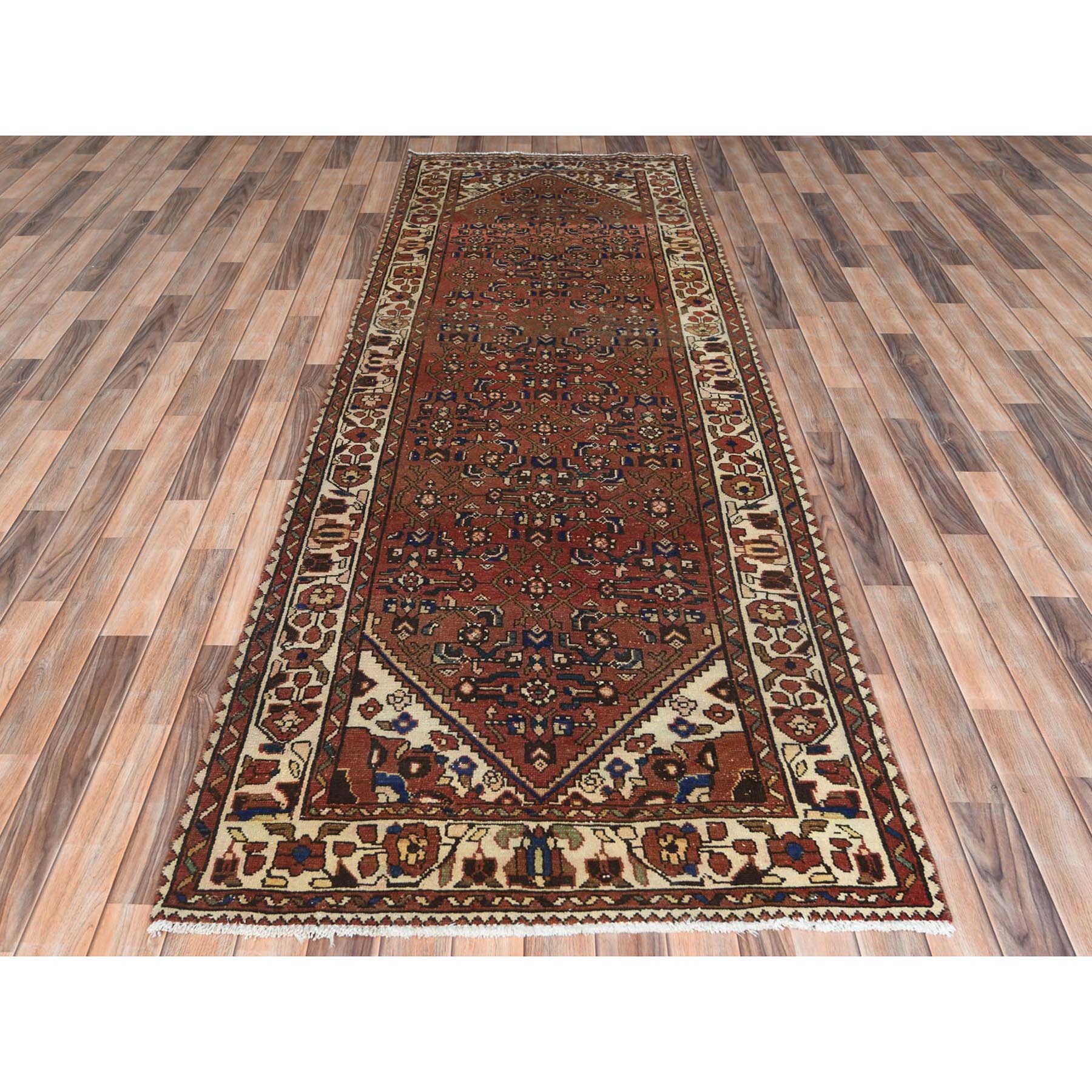 3'7"x9'10" Chocolate Brown, Vintage Persian Bakhtiar Cropped Thin Distressed Look, Worn Wool Hand Knotted, Wide Runner Oriental Rug Sh61858