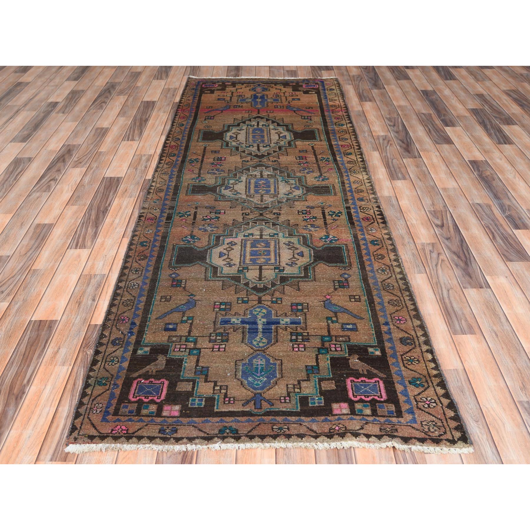 3'4"x9'3" Walnut Brown, Hand Knotted Vintage Persian Hamadan with Bird Figurines, Abrash Cropped Thin Distressed Look Worn Wool, Wide Runner Oriental Rug Sh61872
