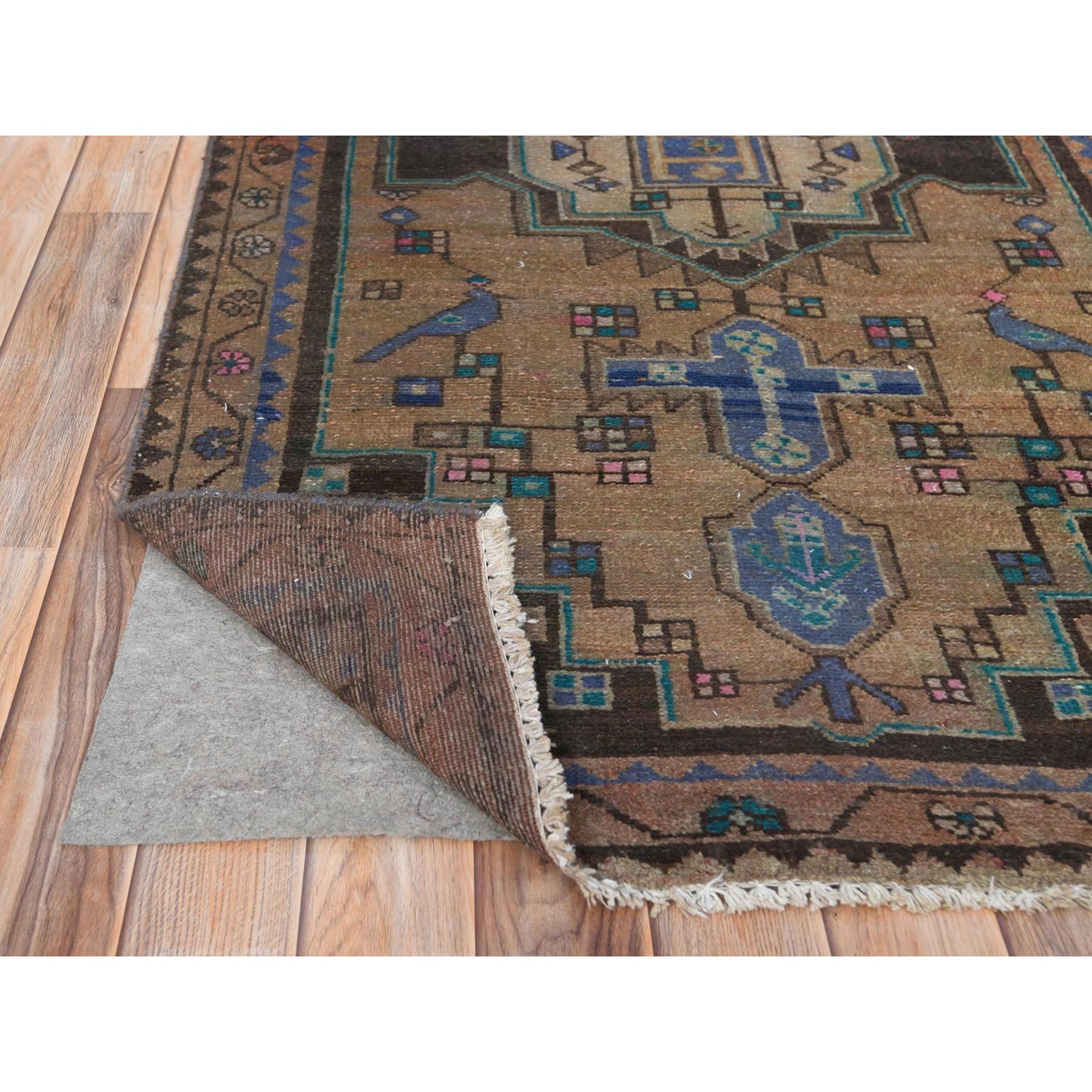 3'4"x9'3" Walnut Brown, Hand Knotted Vintage Persian Hamadan with Bird Figurines, Abrash Cropped Thin Distressed Look Worn Wool, Wide Runner Oriental Rug Sh61872