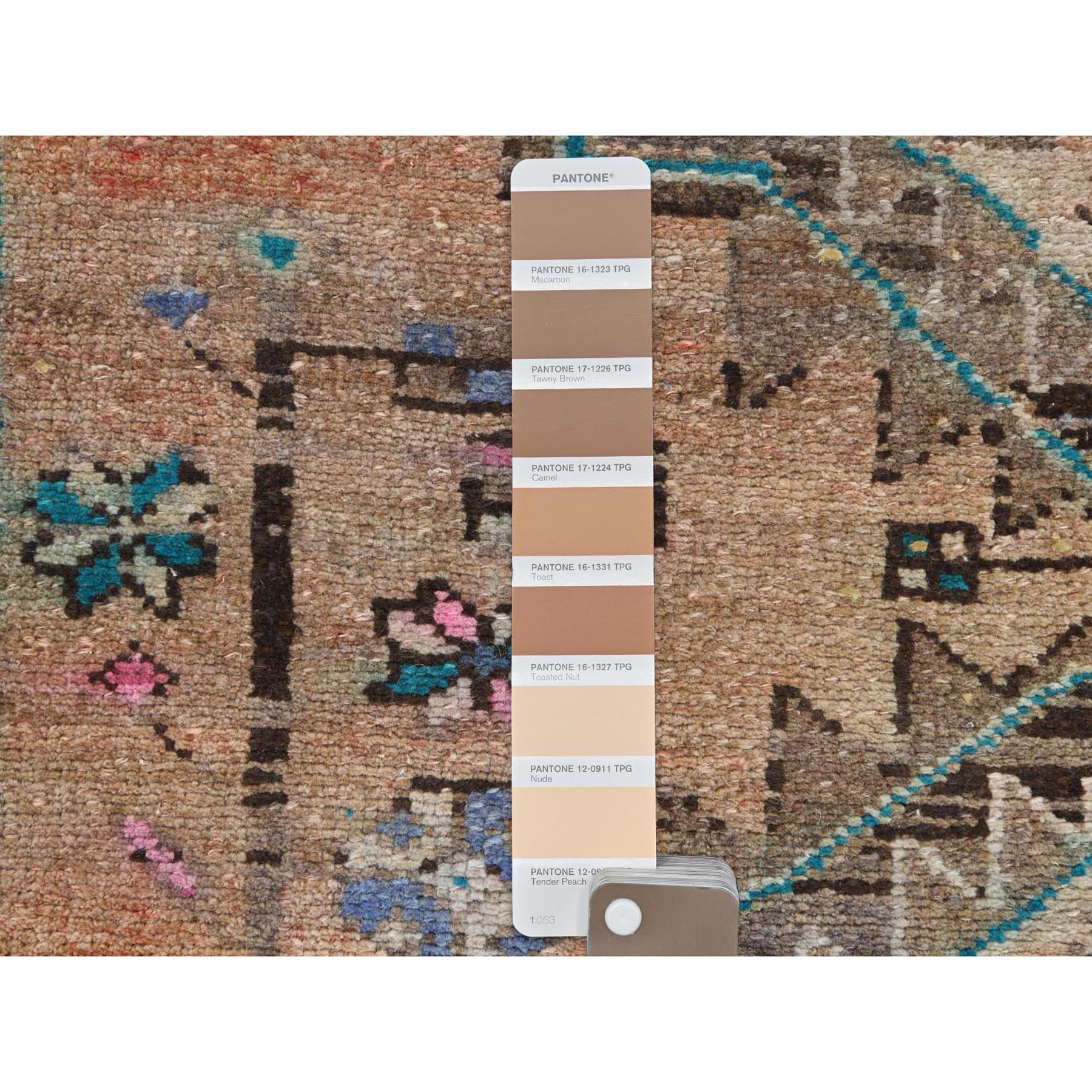 3'4"x9'3" Walnut Brown, Hand Knotted Vintage Persian Hamadan with Bird Figurines, Abrash Cropped Thin Distressed Look Worn Wool, Wide Runner Oriental Rug Sh61872