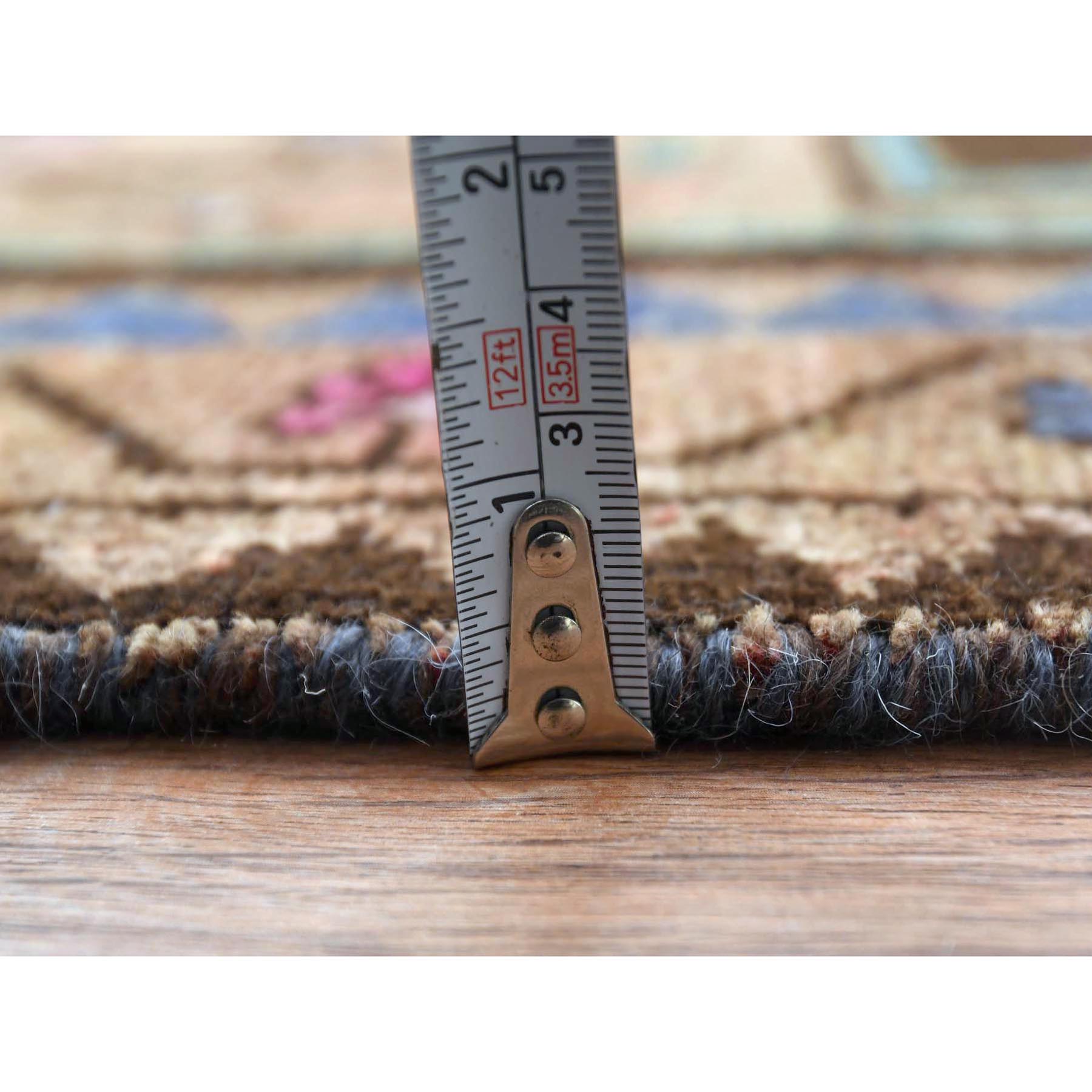 3'4"x9'3" Walnut Brown, Hand Knotted Vintage Persian Hamadan with Bird Figurines, Abrash Cropped Thin Distressed Look Worn Wool, Wide Runner Oriental Rug Sh61872