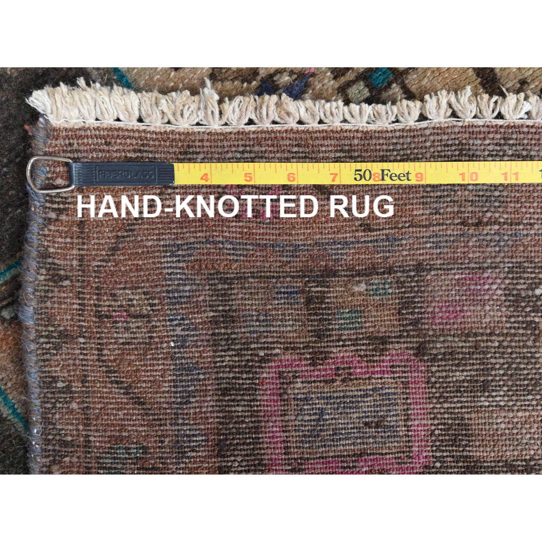 3'4"x9'3" Walnut Brown, Hand Knotted Vintage Persian Hamadan with Bird Figurines, Abrash Cropped Thin Distressed Look Worn Wool, Wide Runner Oriental Rug Sh61872