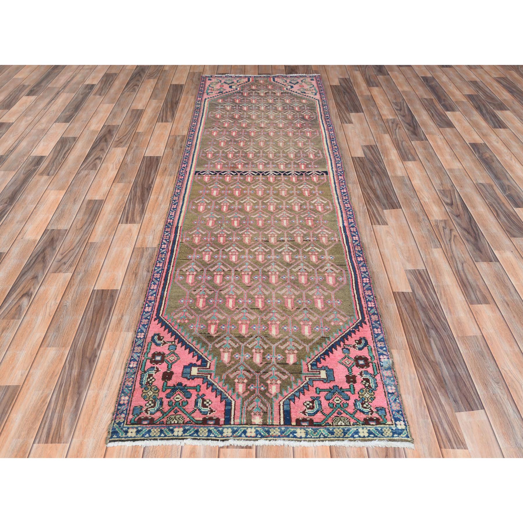 2'8"x8'10" Apricot Color, Vintage Persian Hamadan with Repetitive Pattern, Cropped Thin Distressed Look Worn Wool Hand Knotted, Runner Oriental Rug Sh61884
