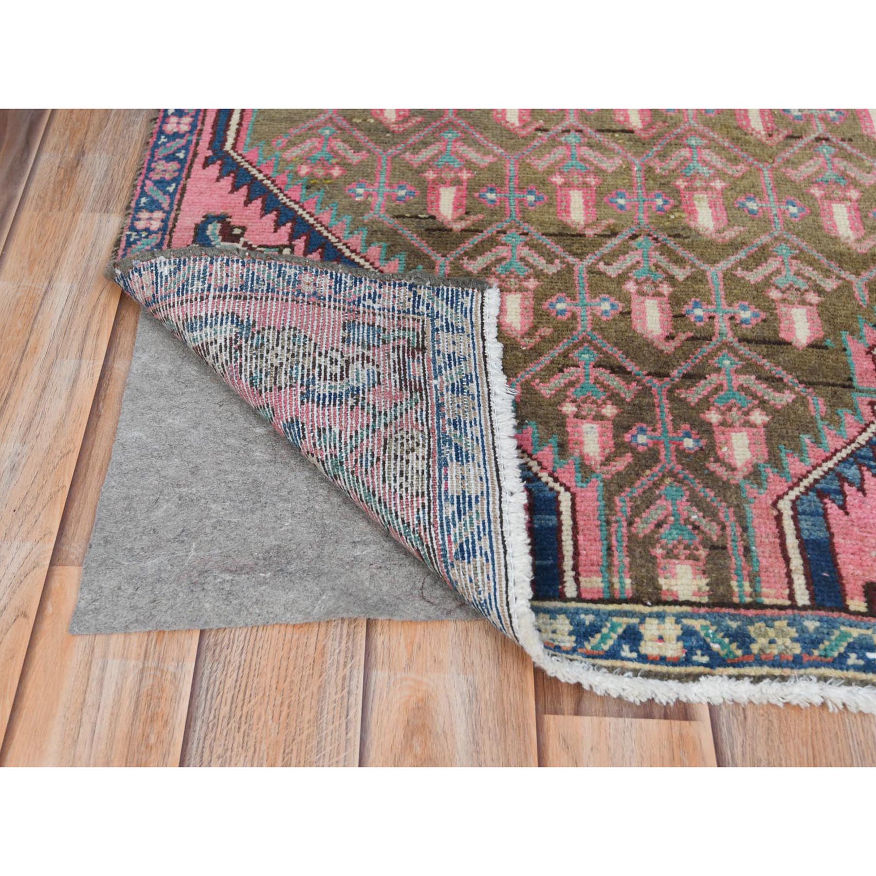 2'8"x8'10" Apricot Color, Vintage Persian Hamadan with Repetitive Pattern, Cropped Thin Distressed Look Worn Wool Hand Knotted, Runner Oriental Rug Sh61884