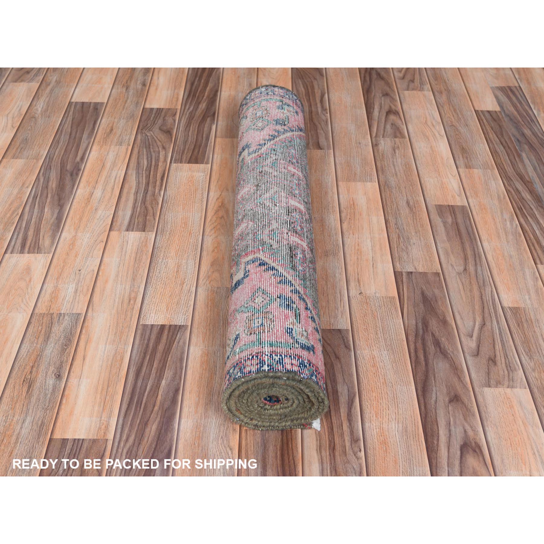 2'8"x8'10" Apricot Color, Vintage Persian Hamadan with Repetitive Pattern, Cropped Thin Distressed Look Worn Wool Hand Knotted, Runner Oriental Rug Sh61884