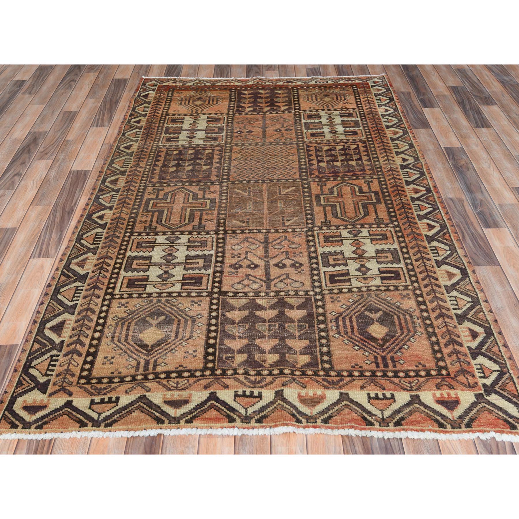 4'9"x7'4" Brown, Hand Knotted Vintage Persian Bakhtiar with Garden Block Design, Sheared Low Distressed Look Worn Wool, Oriental Rug Sh61905