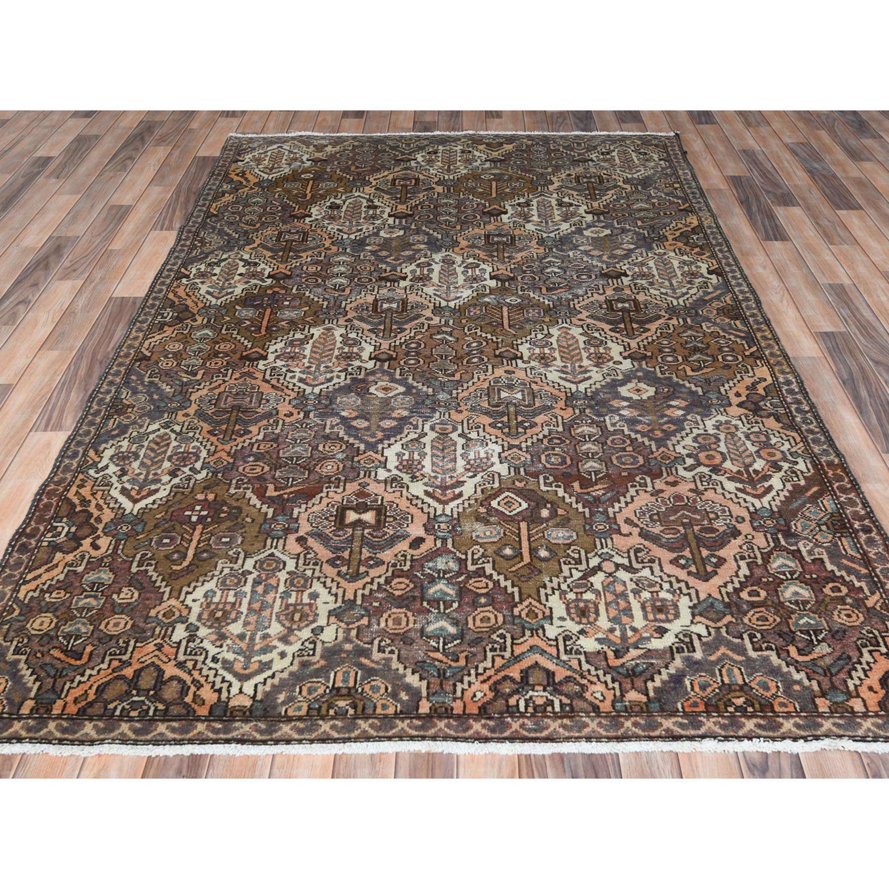 5'7"x8'5" Chocolate Brown, Worn Wool Hand Knotted Vintage Persian Bakhtiar with Garden Patch Design, Sheared Low Distressed Look, Oriental Rug Sh61907
