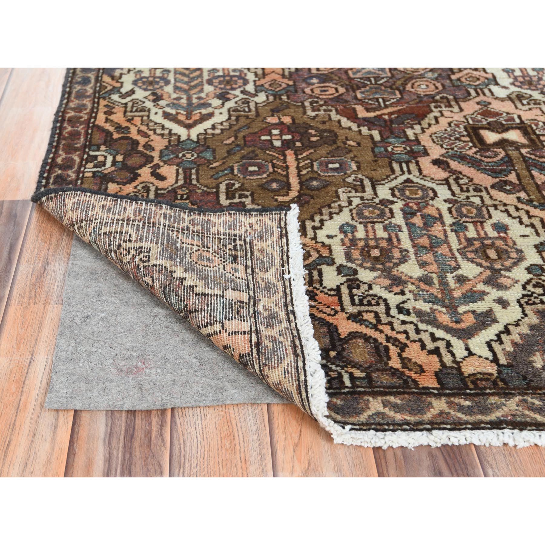 5'7"x8'5" Chocolate Brown, Worn Wool Hand Knotted Vintage Persian Bakhtiar with Garden Patch Design, Sheared Low Distressed Look, Oriental Rug Sh61907