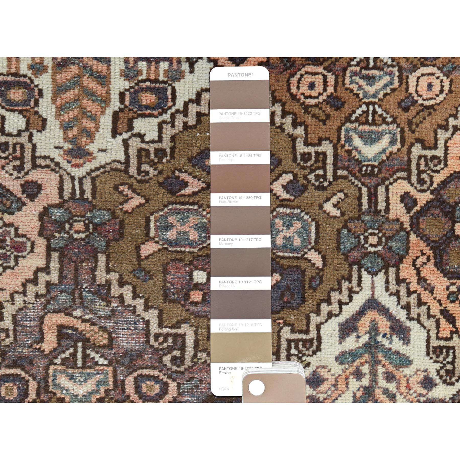 5'7"x8'5" Chocolate Brown, Worn Wool Hand Knotted Vintage Persian Bakhtiar with Garden Patch Design, Sheared Low Distressed Look, Oriental Rug Sh61907