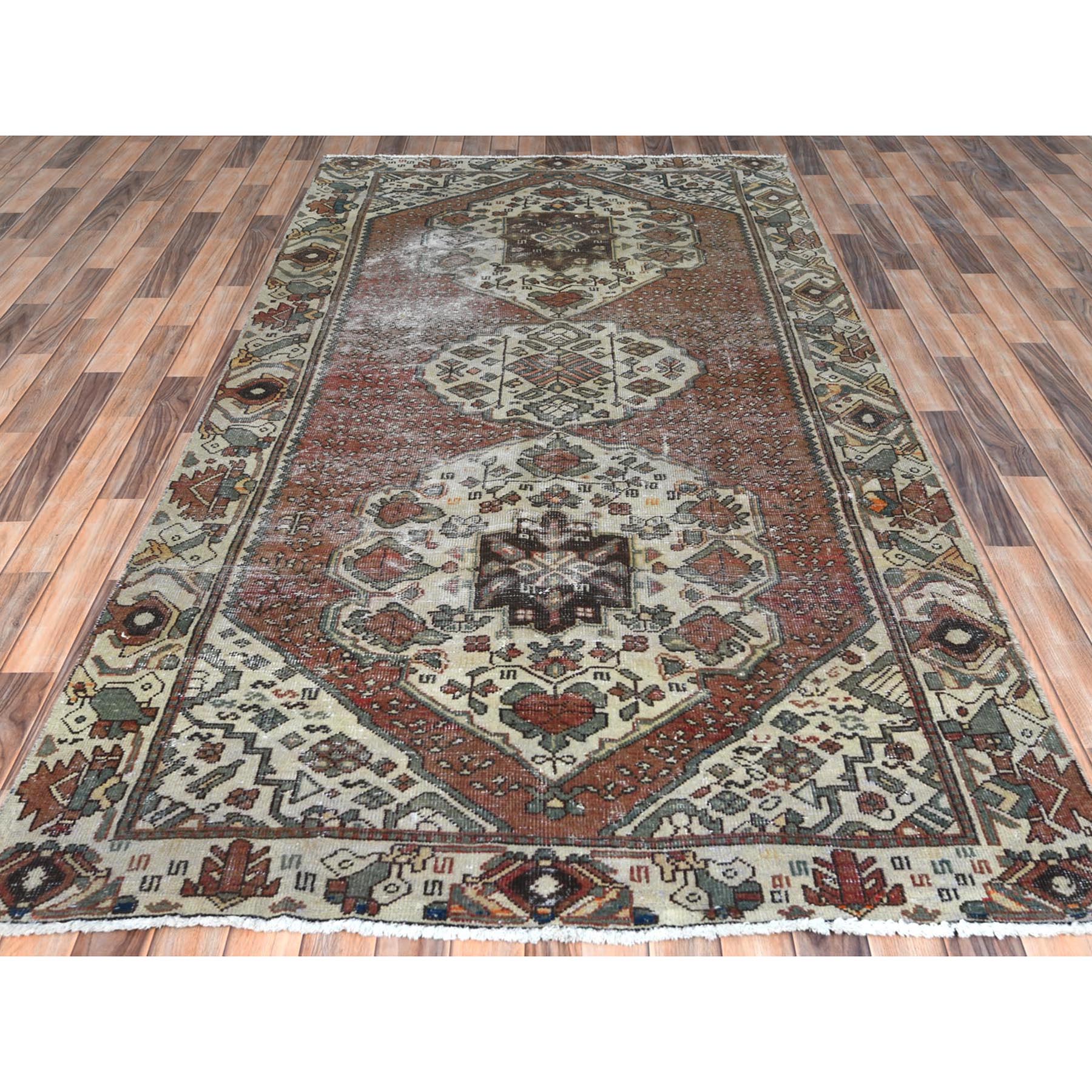 5'1"x9'9" Terracotta Red, Worn Wool Hand Knotted Vintage Persian Bakhtiar, Sheared Low Distressed Look, Gallery Size Runner Oriental Rug Sh61911