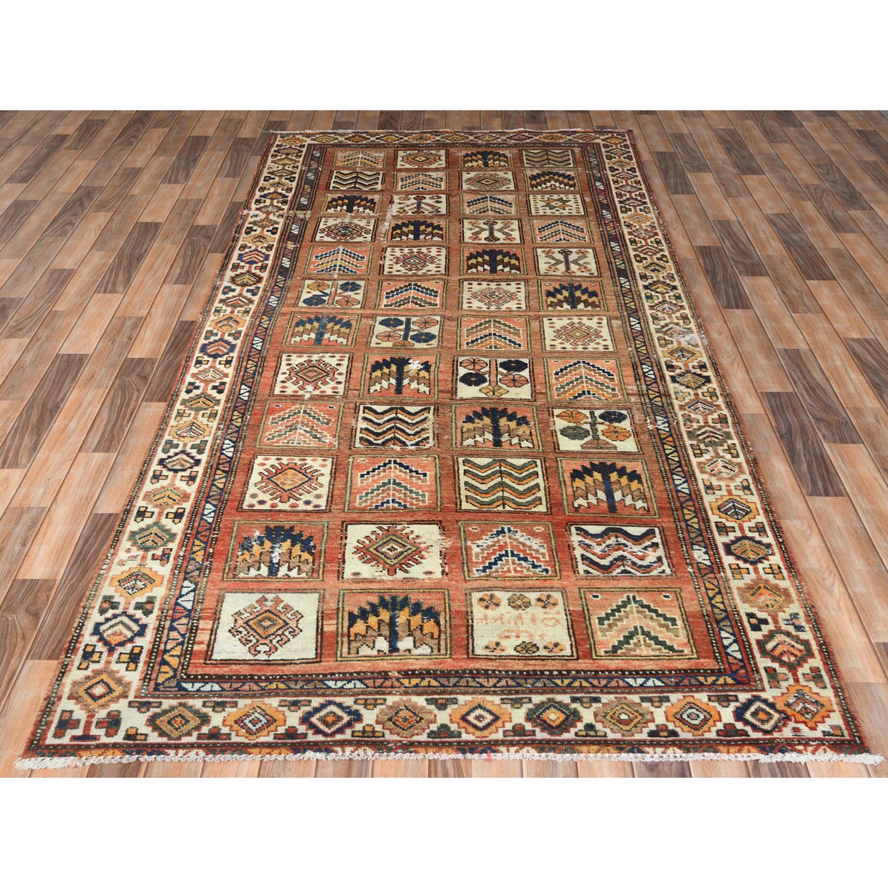 4'10"x11'7" Hazelnut Brown, Vintage Persian Bakhtiar with Garden Block Design, Cropped Thin Distressed Look Worn Wool Hand Knotted, Wide Runner Oriental Rug Sh61918