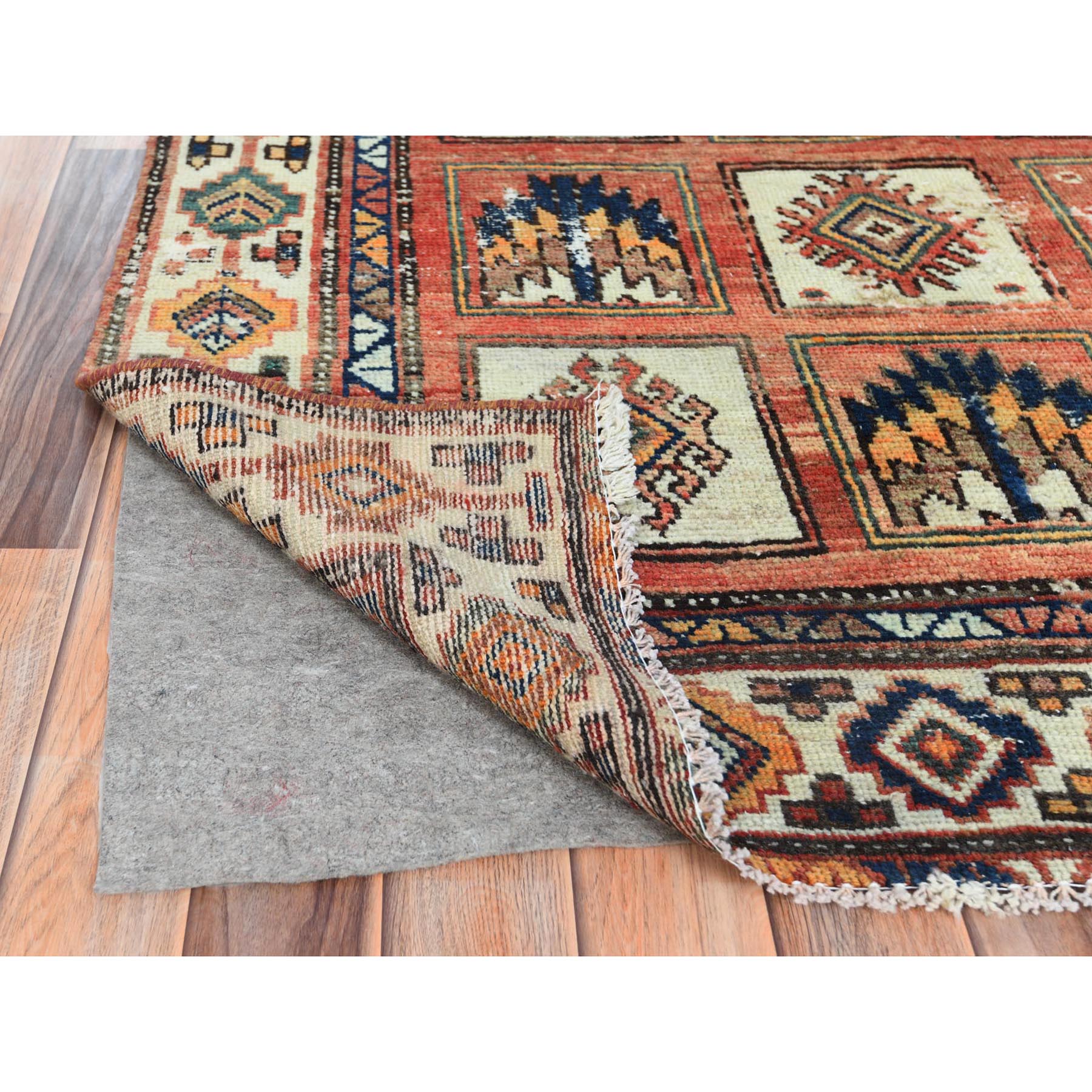4'10"x11'7" Hazelnut Brown, Vintage Persian Bakhtiar with Garden Block Design, Cropped Thin Distressed Look Worn Wool Hand Knotted, Wide Runner Oriental Rug Sh61918