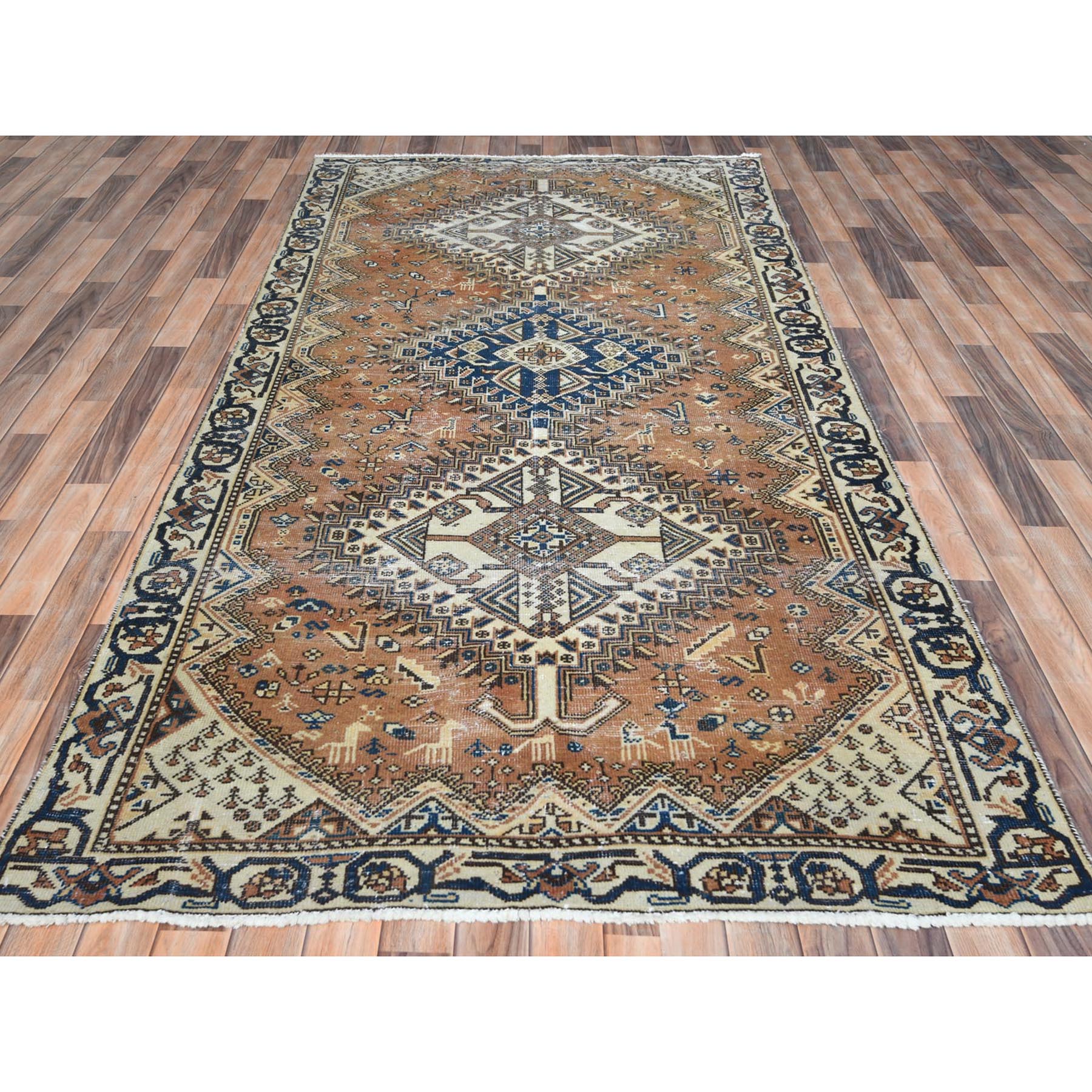 5'x9'8" Hazelnut Brown, Hand Knotted Vintage Persian Bakhtiar with Small Animal Figurines, Cropped Thin Distressed Look Worn Wool, Wide Runner Oriental Rug Sh61922