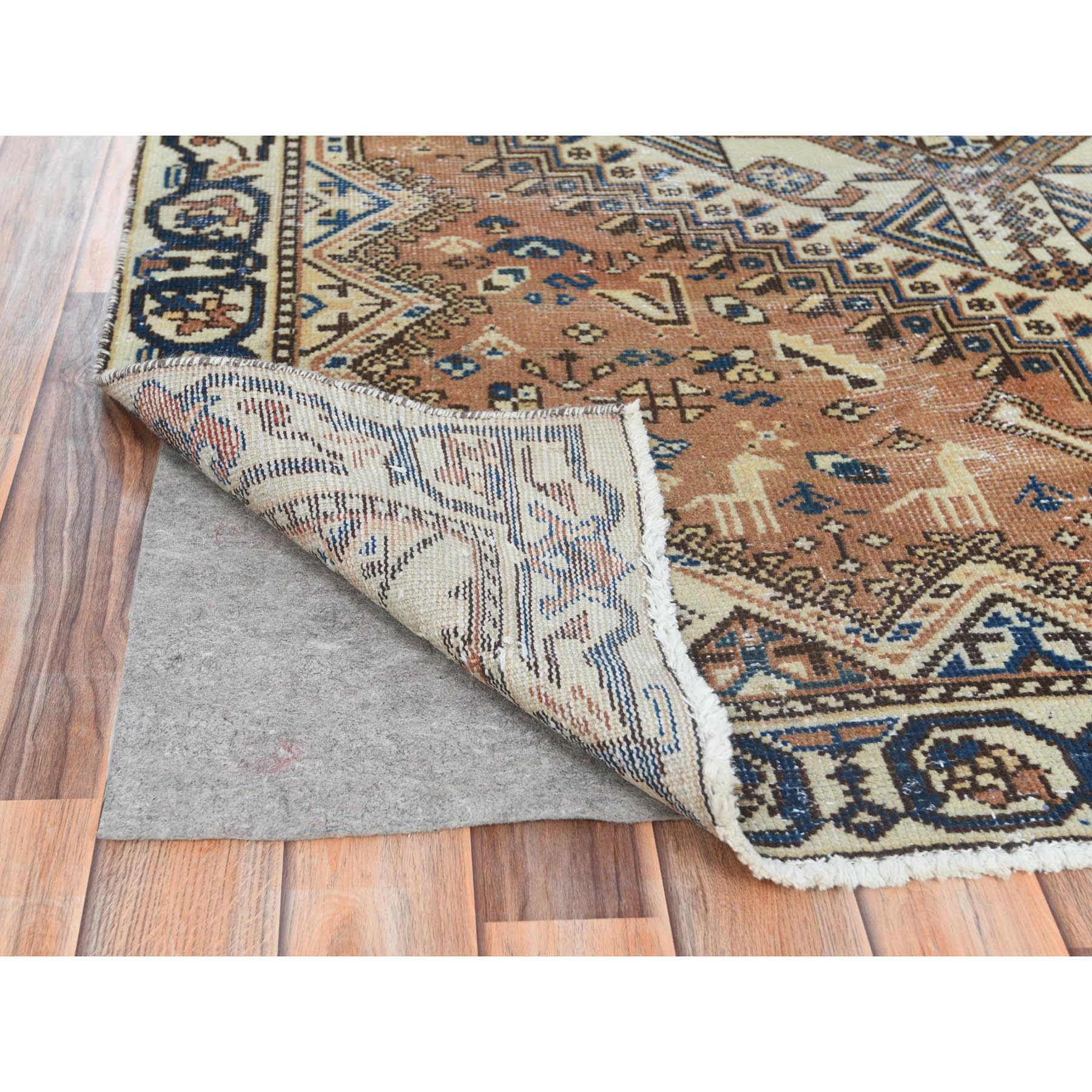 5'x9'8" Hazelnut Brown, Hand Knotted Vintage Persian Bakhtiar with Small Animal Figurines, Cropped Thin Distressed Look Worn Wool, Wide Runner Oriental Rug Sh61922
