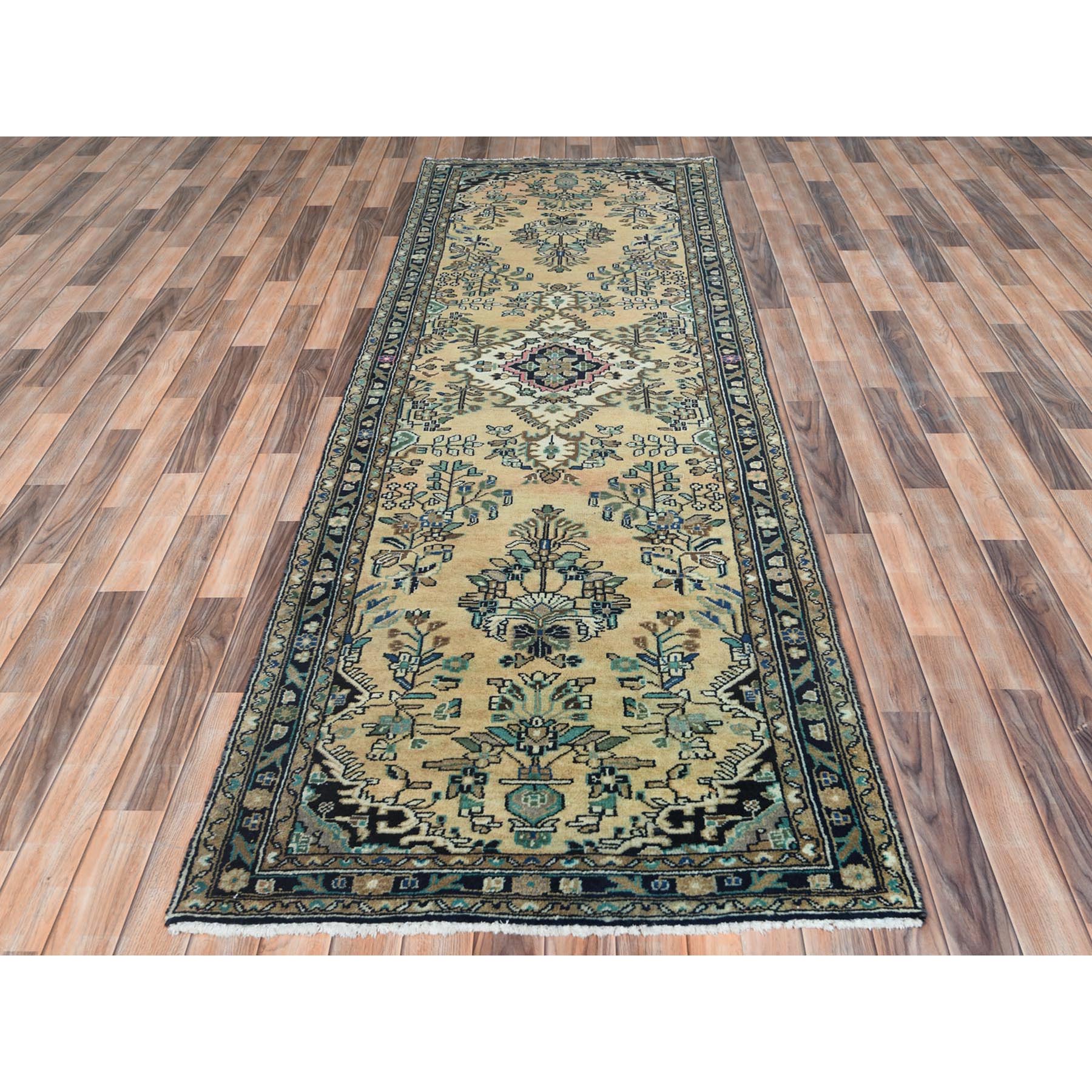 3'5"x10'1" Vanilla Cream, Vintage Persian Lilahan Cropped Thin, Distressed Look Worn Wool Hand Knotted, Wide Runner Oriental Rug Sh61944