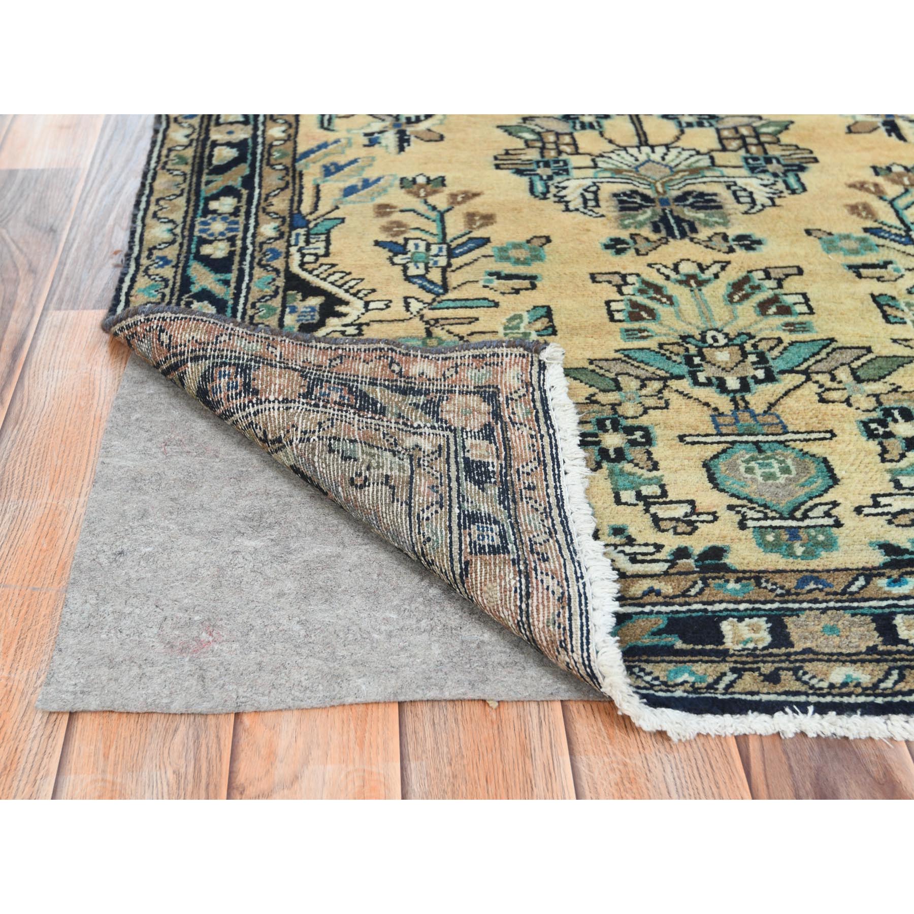 3'5"x10'1" Vanilla Cream, Vintage Persian Lilahan Cropped Thin, Distressed Look Worn Wool Hand Knotted, Wide Runner Oriental Rug Sh61944