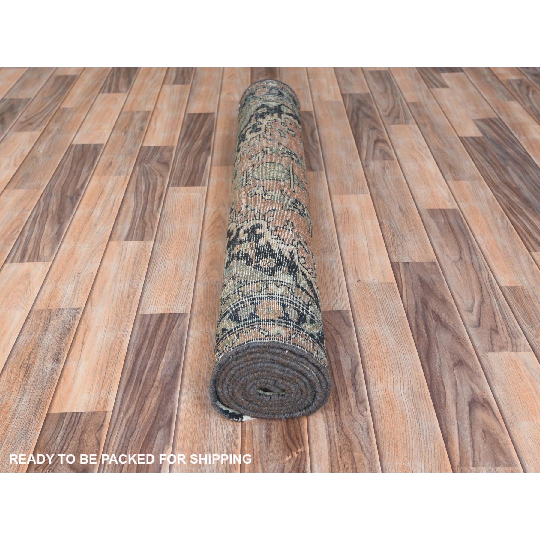 3'5"x10'1" Vanilla Cream, Vintage Persian Lilahan Cropped Thin, Distressed Look Worn Wool Hand Knotted, Wide Runner Oriental Rug Sh61944