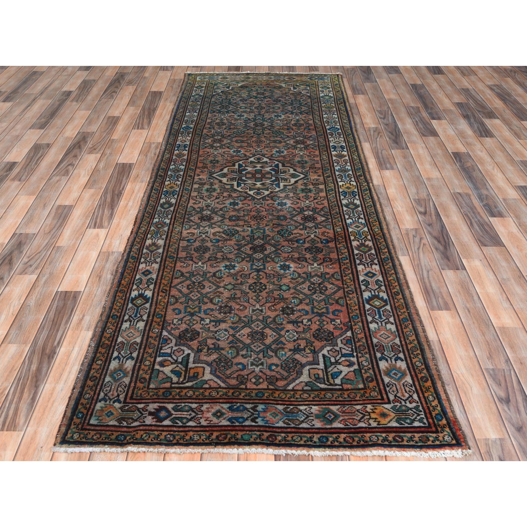 3'6"x9'7" Terracotta Red, Vintage Persian Husainabad with Fish Mahi Design, Cropped Thin Distressed Look Worn Wool Hand Knotted, Runner Oriental Rug Sh61946