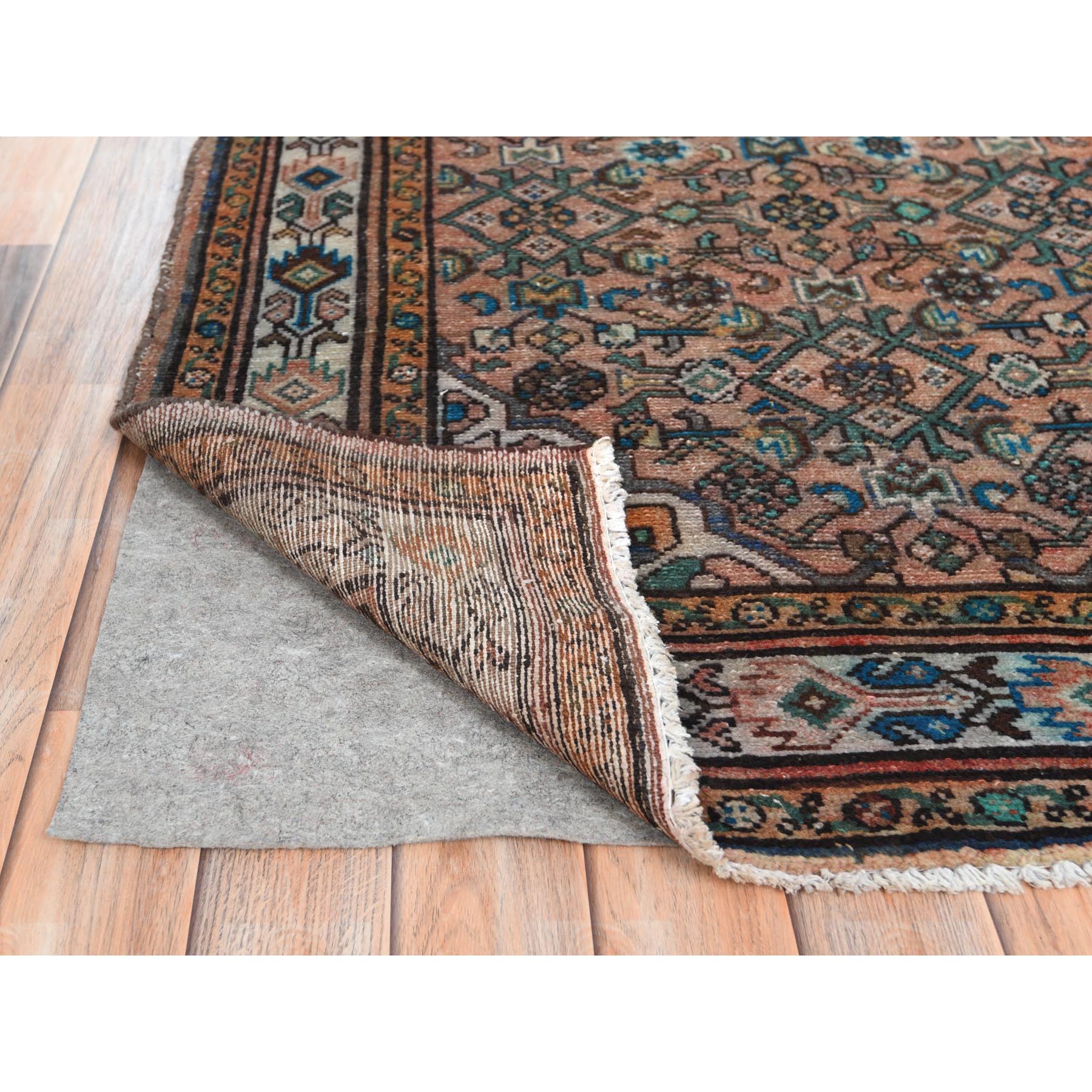3'6"x9'7" Terracotta Red, Vintage Persian Husainabad with Fish Mahi Design, Cropped Thin Distressed Look Worn Wool Hand Knotted, Runner Oriental Rug Sh61946