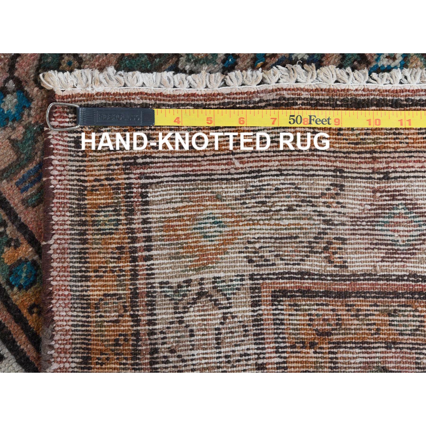 3'6"x9'7" Terracotta Red, Vintage Persian Husainabad with Fish Mahi Design, Cropped Thin Distressed Look Worn Wool Hand Knotted, Runner Oriental Rug Sh61946