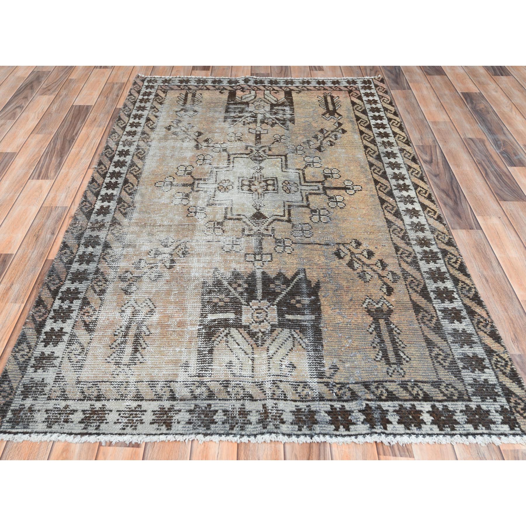 3'10"x6' Beige, Sheared Low Distressed Look Worn Wool, Hand Knotted Vintage Persian Shiraz, Oriental Rug Sh61951