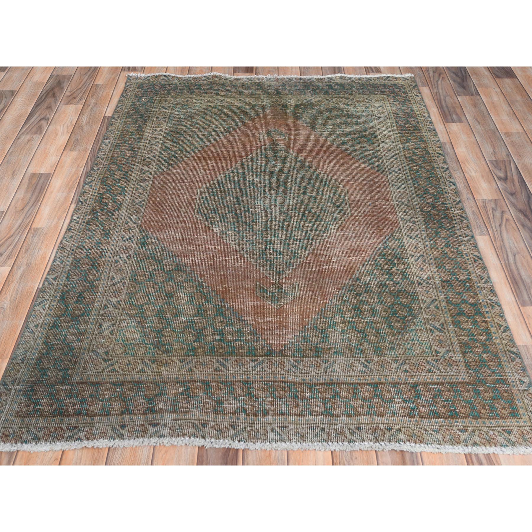 4'1"x6' Honey Brown, Hand Knotted Vintage Persian Shiraz Sheared Low, Distressed Look Worn Wool, Oriental Rug Sh61953